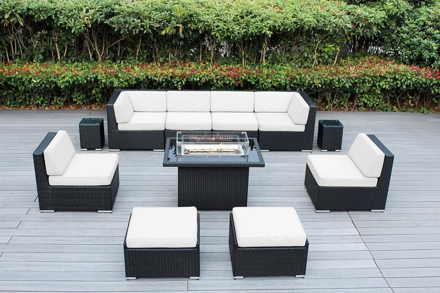 7 Piece Outdoor Patio Furniture Black Wicker Conversation Set with Fully Assembled Sectional and 42-inch Propane Gas Fire Table