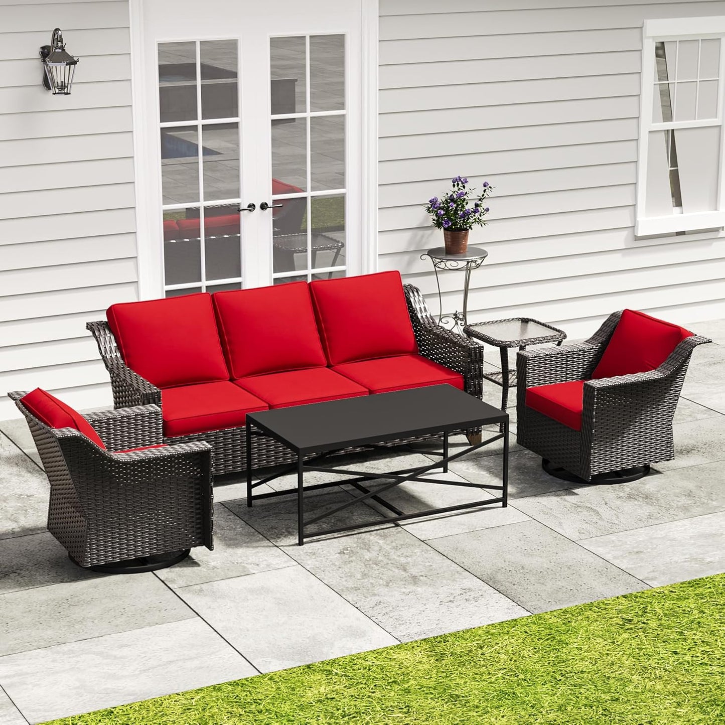 77'' Patio Sofa, All Weather Outdoor Rattan Wicker 3-Seat Sofa High Back Couch with Premium Cushions for Garden Backyard Porch(Brown/Navy)