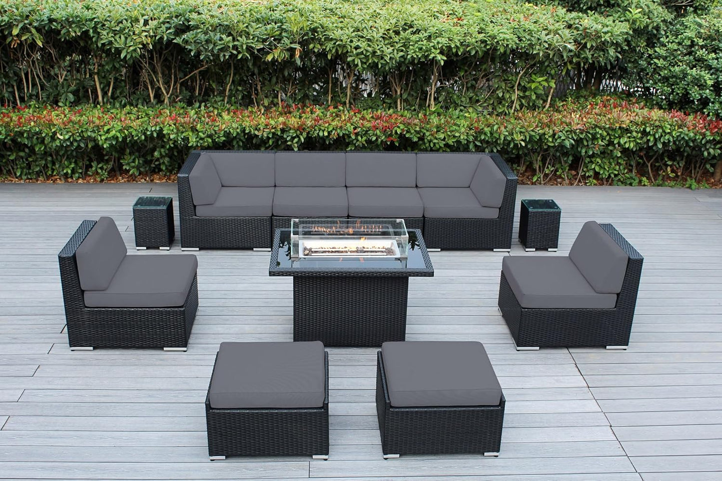7 Piece Outdoor Patio Furniture Black Wicker Conversation Set with Fully Assembled Sectional and 42-inch Propane Gas Fire Table