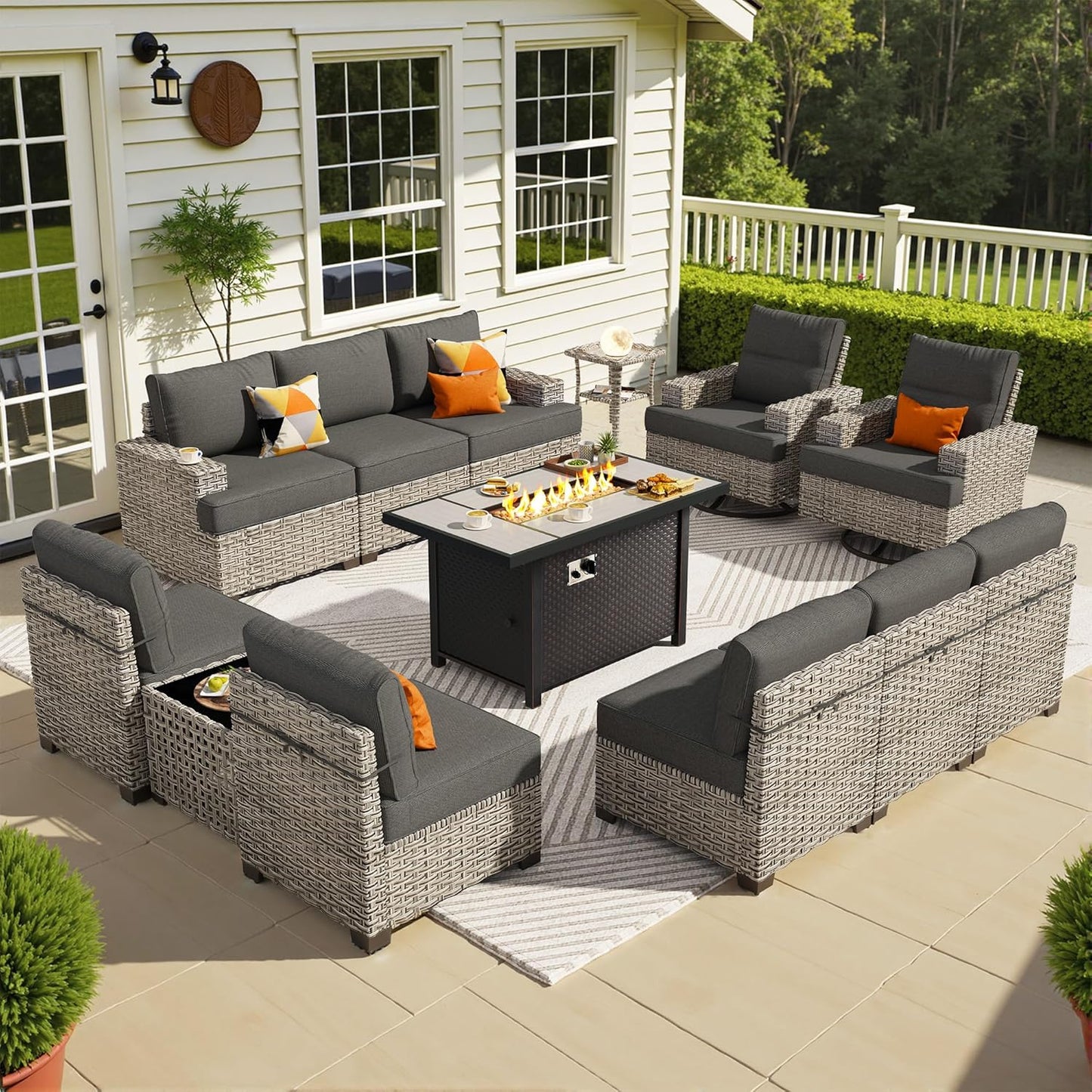 15-Piece Outdoor Sectional Sofa Set w/ 43" Fire Pit – L-Shaped Wicker Patio Furniture, Deep Seating & Swivel Rockers, Black