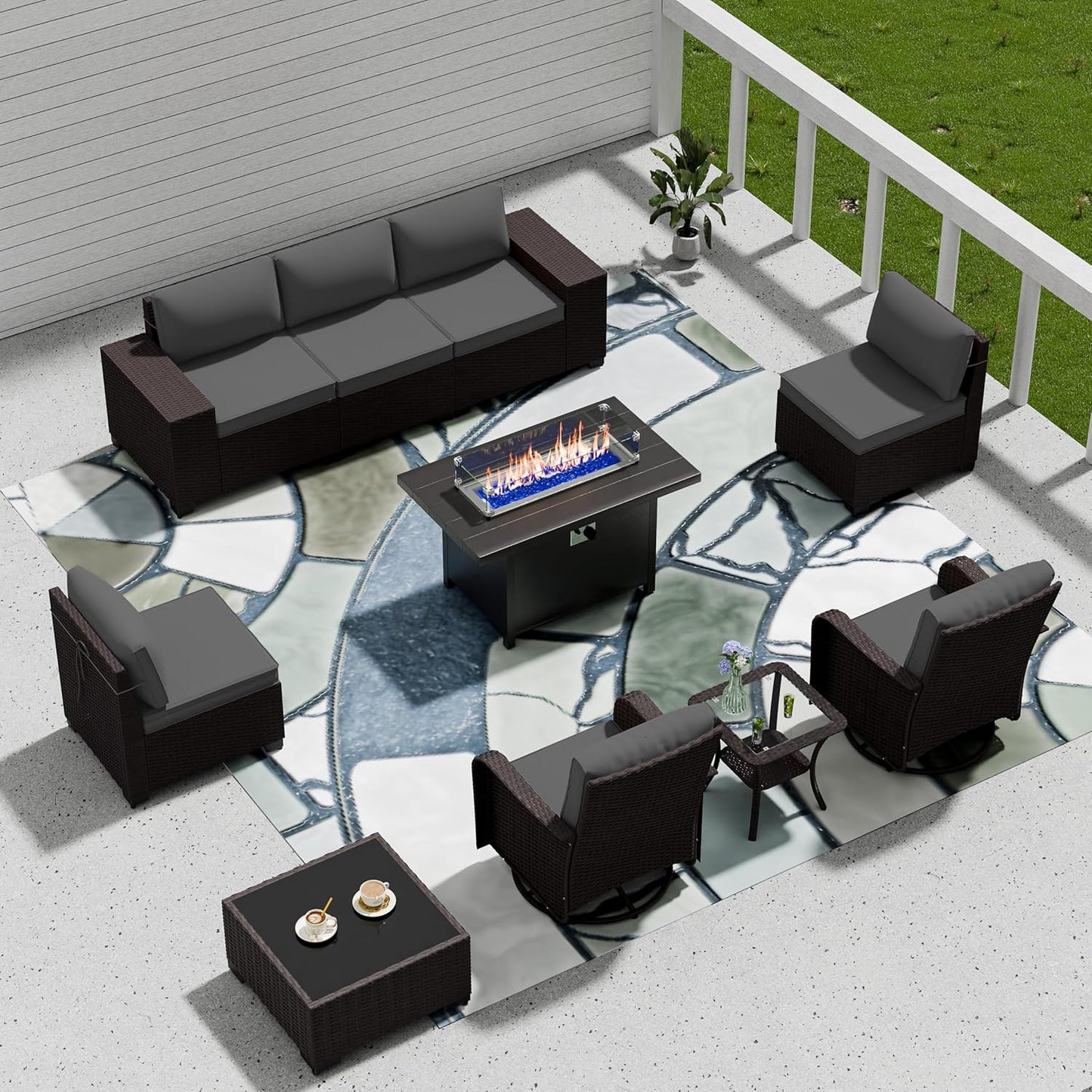 12 Pcs Outdoor Patio Furniture Set Outdoor Furniture All Weather Patio Sectional Sofa PE Wicker Modular Conversation Sets with Coffee Table, Swivel Rocking Chair (Grey)