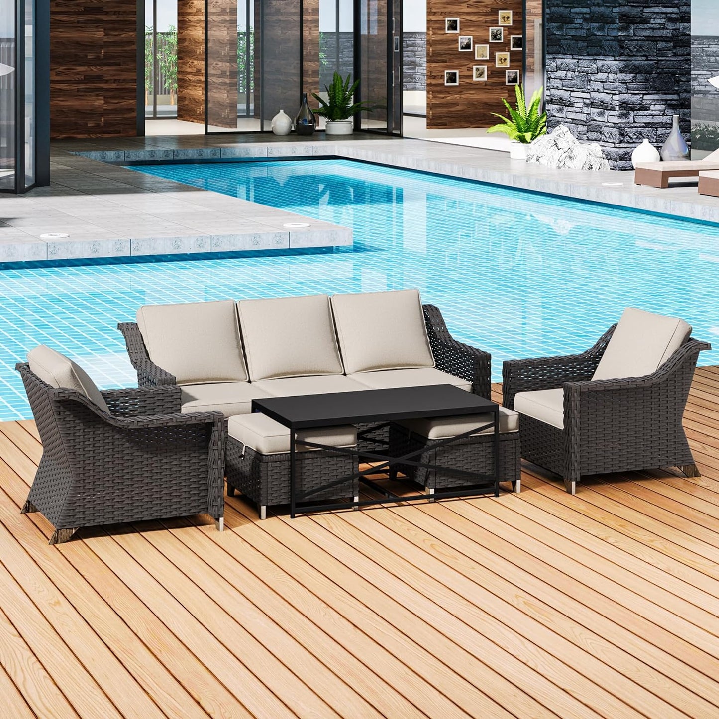 77'' Patio Sofa, All Weather Outdoor Rattan Wicker 3-Seat Sofa High Back Couch with Premium Cushions for Garden Backyard Porch(Brown/Navy)