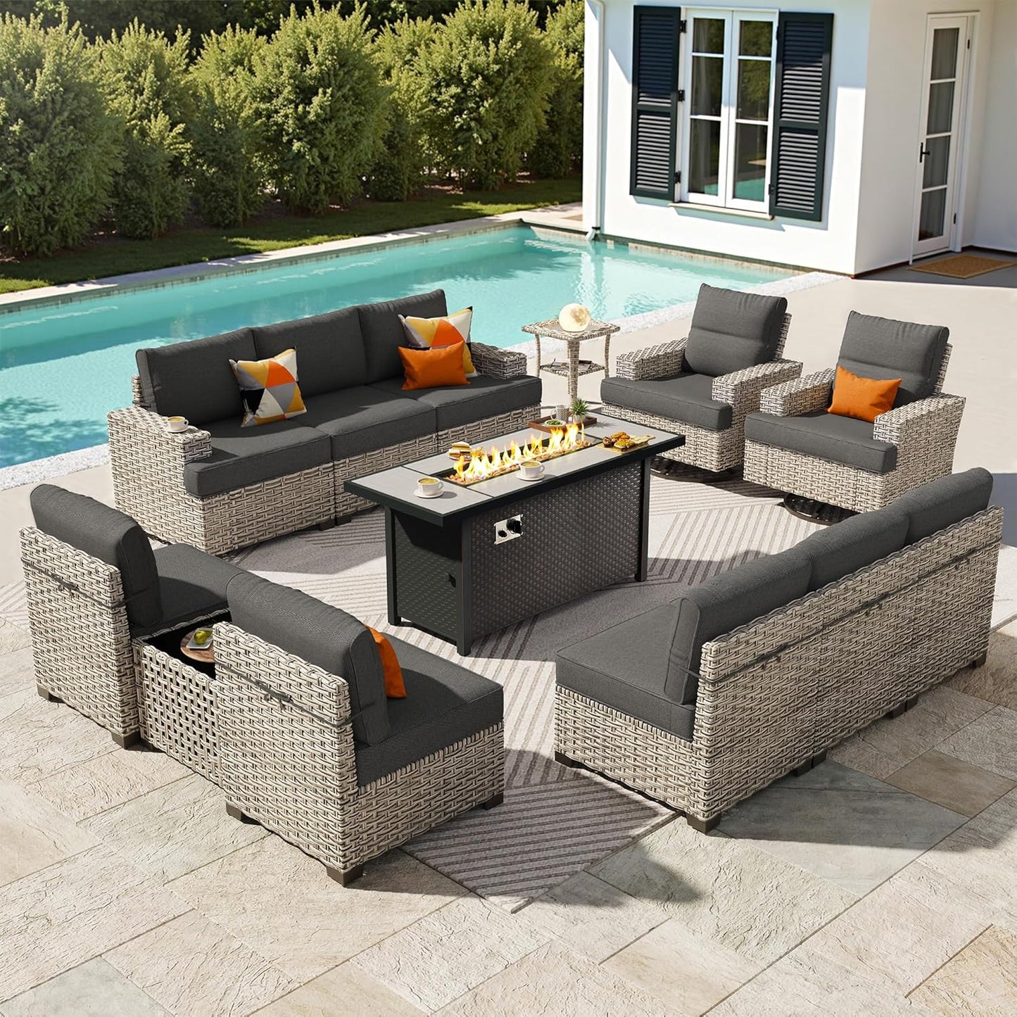 15-Piece Outdoor Sectional Sofa Set w/ 54" Fire Pit – L-Shaped Wicker Patio Furniture, Deep Seating & Swivel Rockers, Black