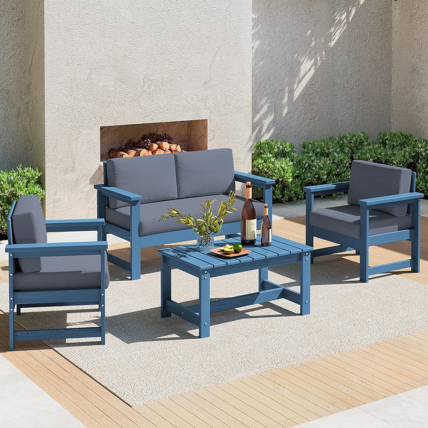 SERWALL 8 Pieces HDPE Outdoor Conversation Sofa Set with Cushions, All Weather Use Patio Couch Loveseat Furniture with Side Table for Balcony, Deck, Poolside, Black Frame with Khaki Cushions