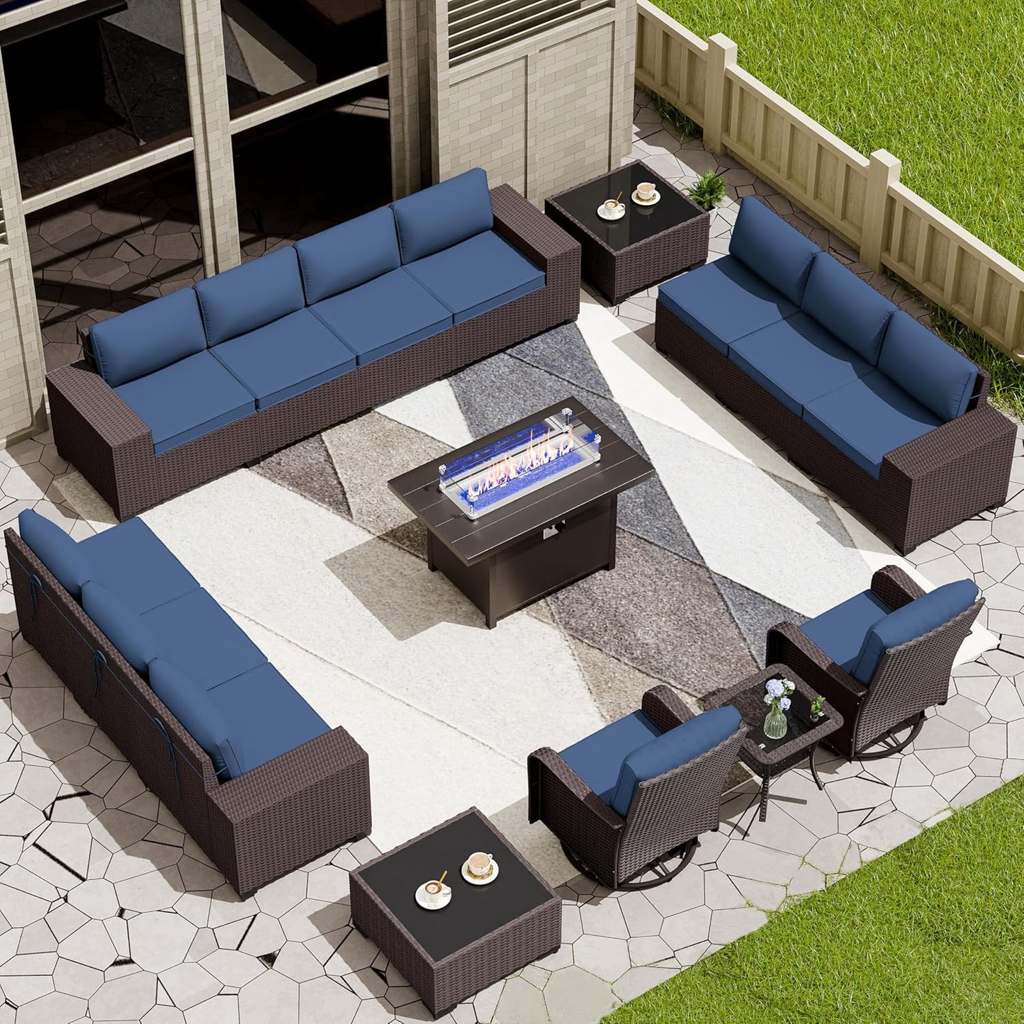 12 Pcs Outdoor Patio Furniture Set Outdoor Furniture All Weather Patio Sectional Sofa PE Wicker Modular Conversation Sets with Coffee Table, Swivel Rocking Chair (Grey)