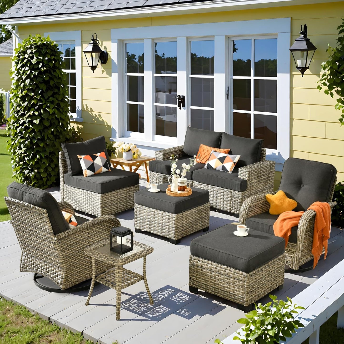 15-Piece Outdoor Sectional Sofa Set w/ 54" Fire Pit – L-Shaped Wicker Patio Furniture, Deep Seating & Swivel Rockers, Black
