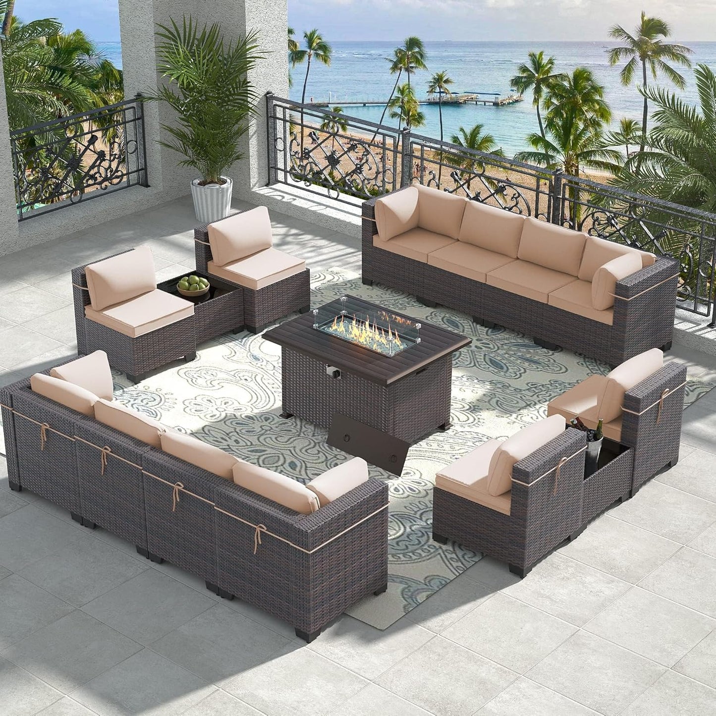 12 Pcs Outdoor Patio Furniture Set Outdoor Furniture All Weather Patio Sectional Sofa PE Wicker Modular Conversation Sets with Coffee Table, Swivel Rocking Chair (Grey)