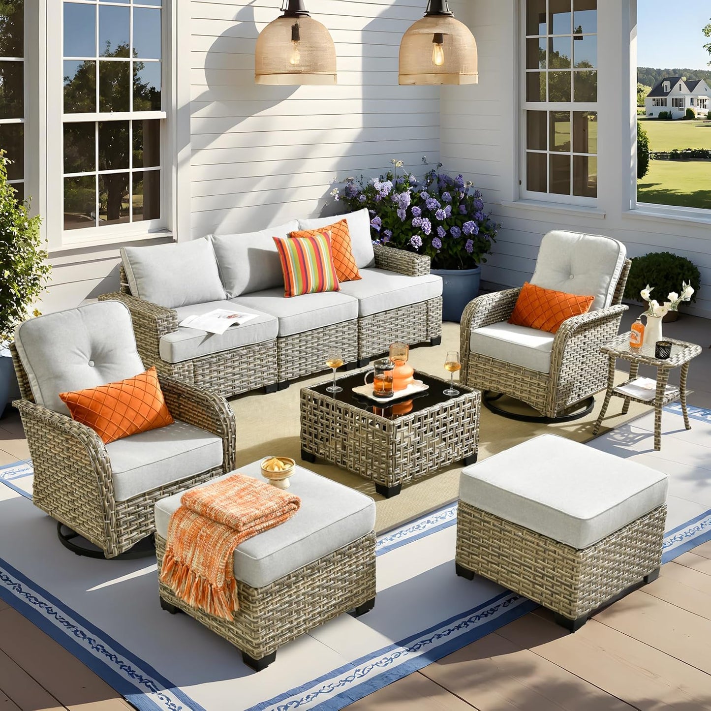 15-Piece Outdoor Sectional Sofa Set w/ 54" Fire Pit – L-Shaped Wicker Patio Furniture, Deep Seating & Swivel Rockers, Black