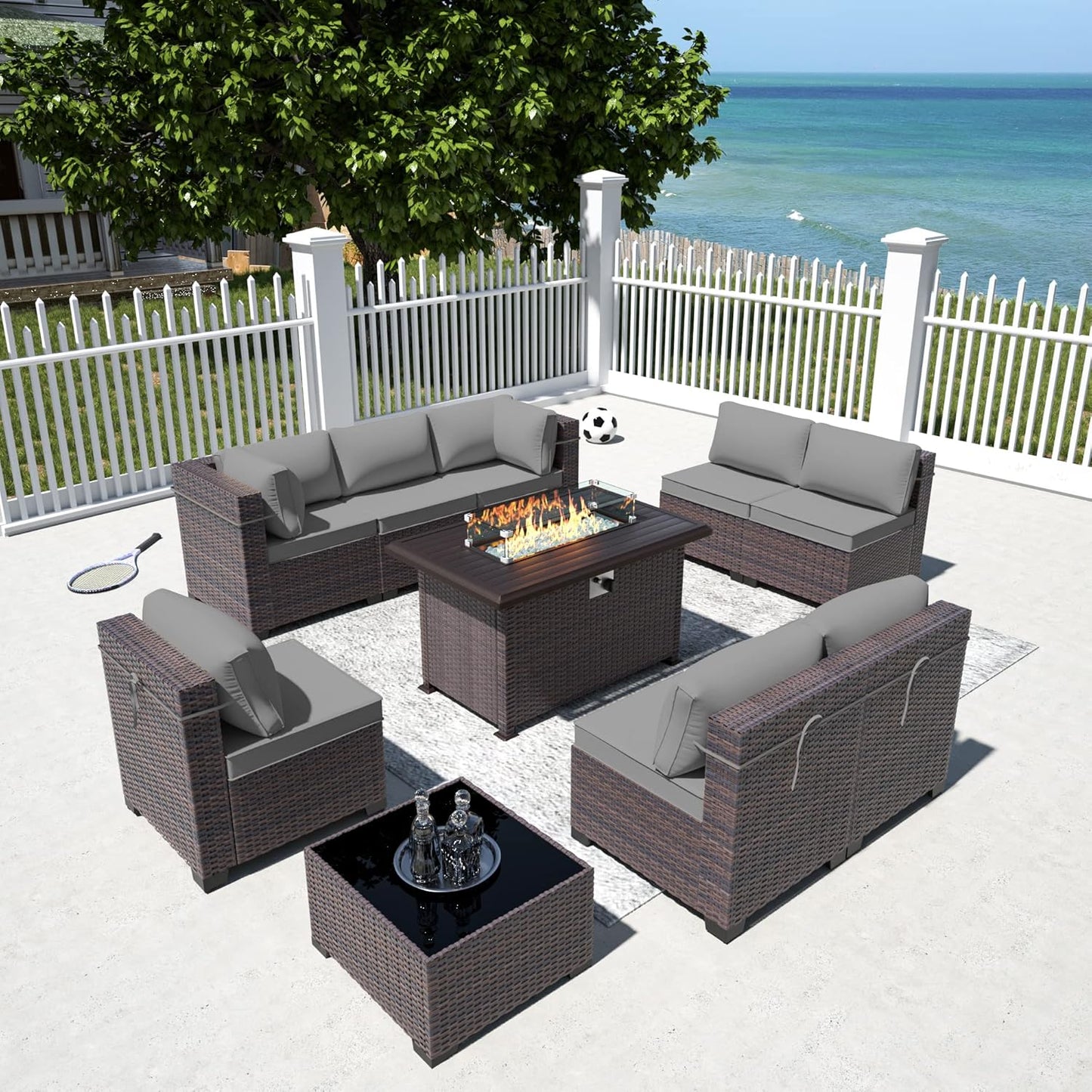 12 Pcs Outdoor Patio Furniture Set Outdoor Furniture All Weather Patio Sectional Sofa PE Wicker Modular Conversation Sets with Coffee Table, Swivel Rocking Chair (Grey)