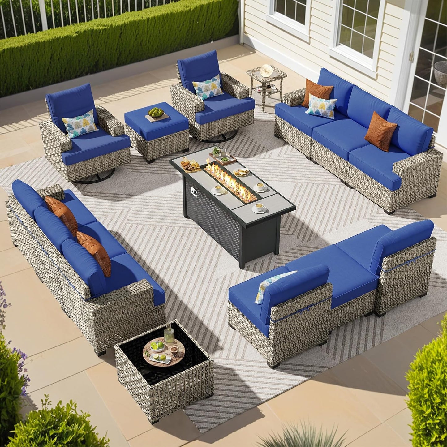 15-Piece Outdoor Sectional Sofa Set w/ 43" Fire Pit – L-Shaped Wicker Patio Furniture, Deep Seating & Swivel Rockers, Black