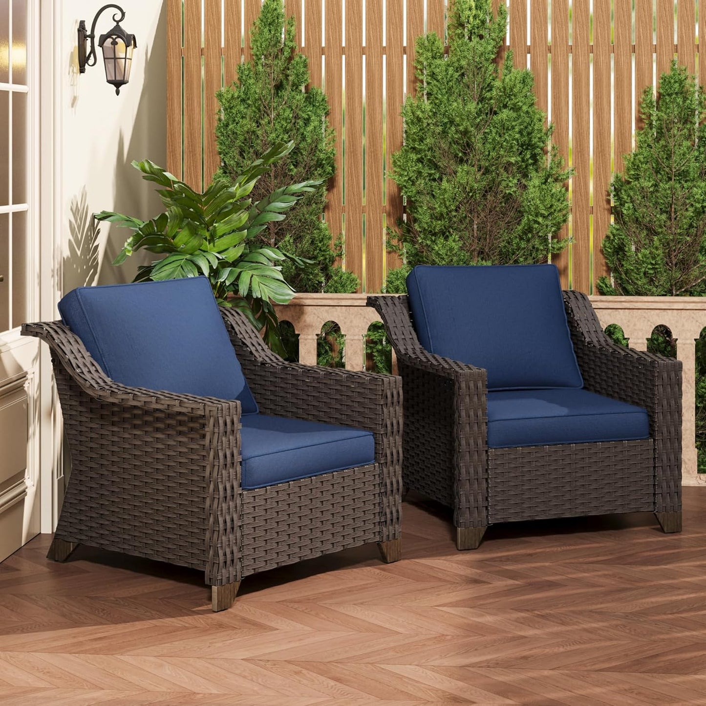 77'' Patio Sofa, All Weather Outdoor Rattan Wicker 3-Seat Sofa High Back Couch with Premium Cushions for Garden Backyard Porch(Brown/Navy)