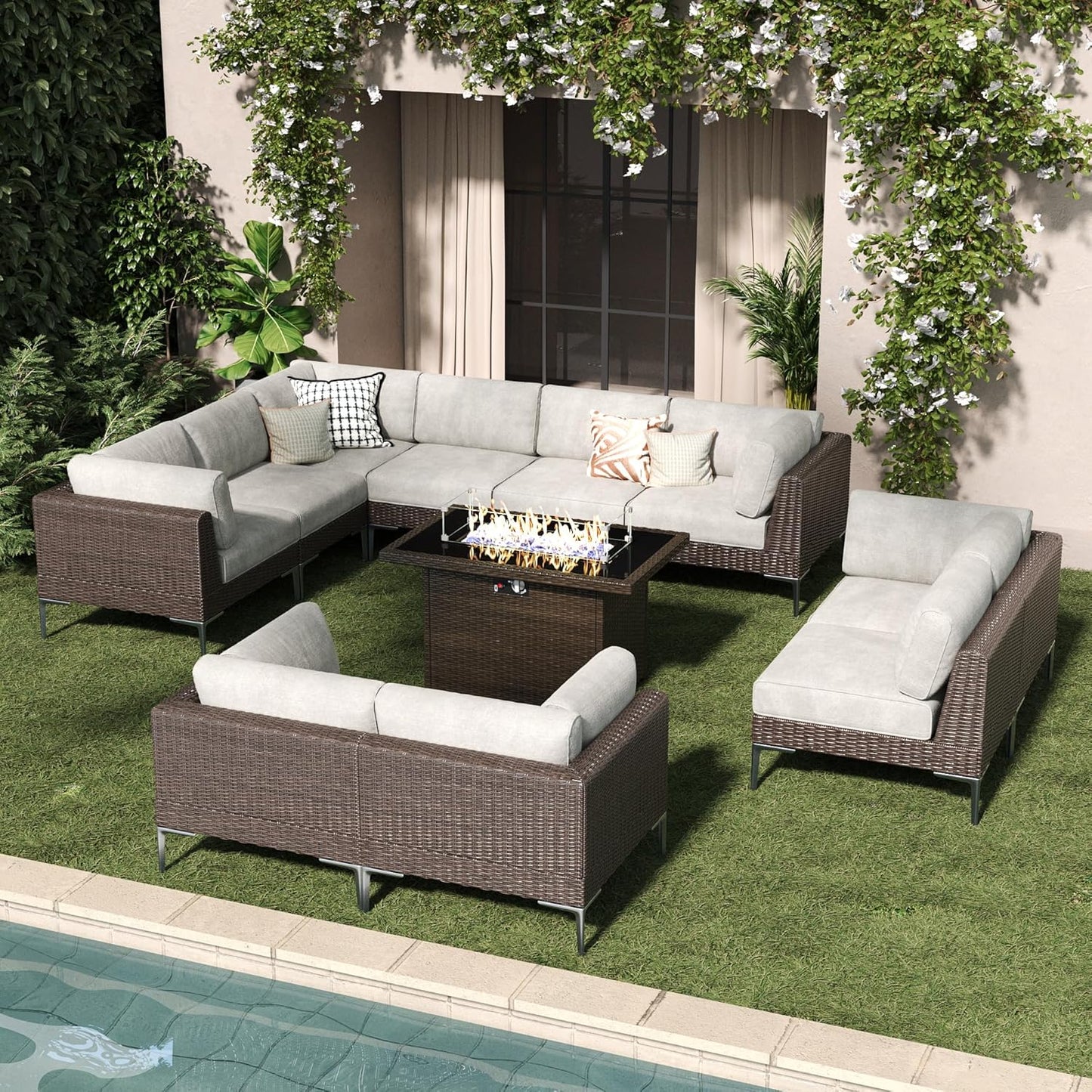 LayinSun 10-Piece Outdoor Modular Wicker Sectional Sofa with Fire Pit Table, Patio Furniture Conversation Set with Deep Seating and Thick Cushions