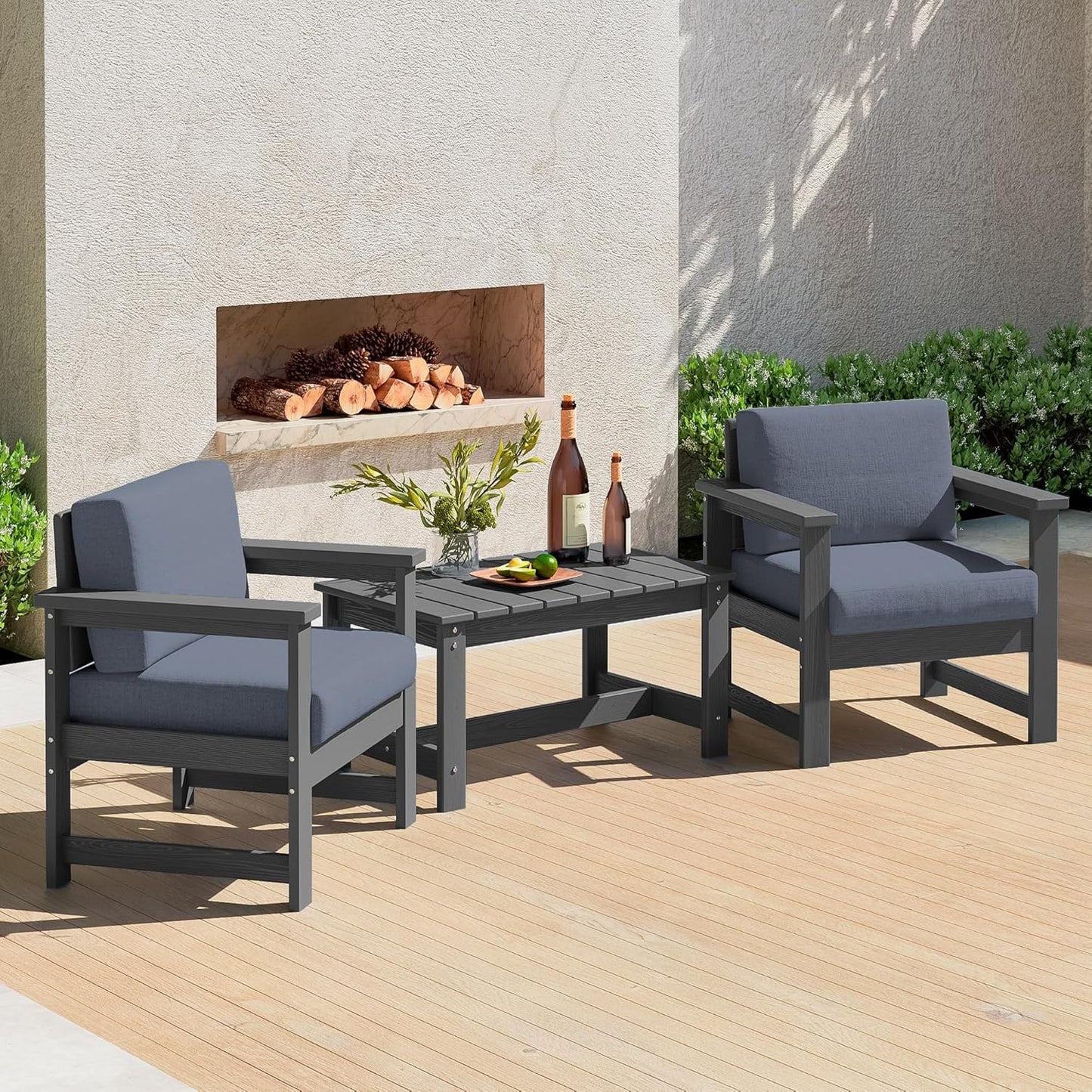 SERWALL 8 Pieces HDPE Outdoor Conversation Sofa Set with Cushions, All Weather Use Patio Couch Loveseat Furniture with Side Table for Balcony, Deck, Poolside, Black Frame with Khaki Cushions