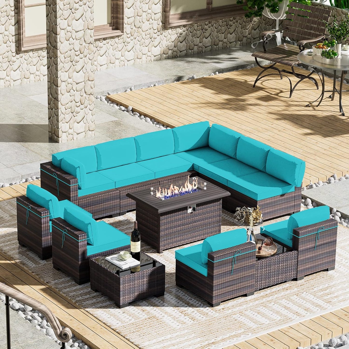 12 Pcs Outdoor Patio Furniture Set Outdoor Furniture All Weather Patio Sectional Sofa PE Wicker Modular Conversation Sets with Coffee Table, Swivel Rocking Chair (Grey)