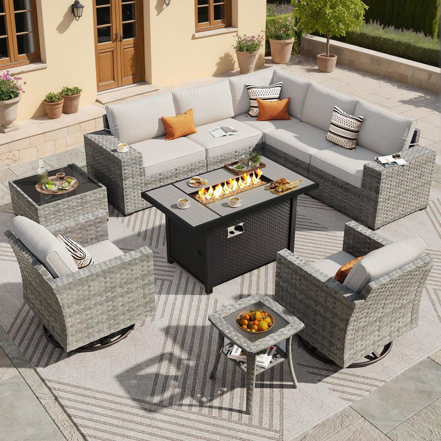 ovios 16 Pieces Patio Furniture Set, Outdoor Wicker Sectional Sofa with 54" Fire Pit Table Swivel Chairs, Modern Modular Deep Seat Rattan Couch Conversation Sets, Beige