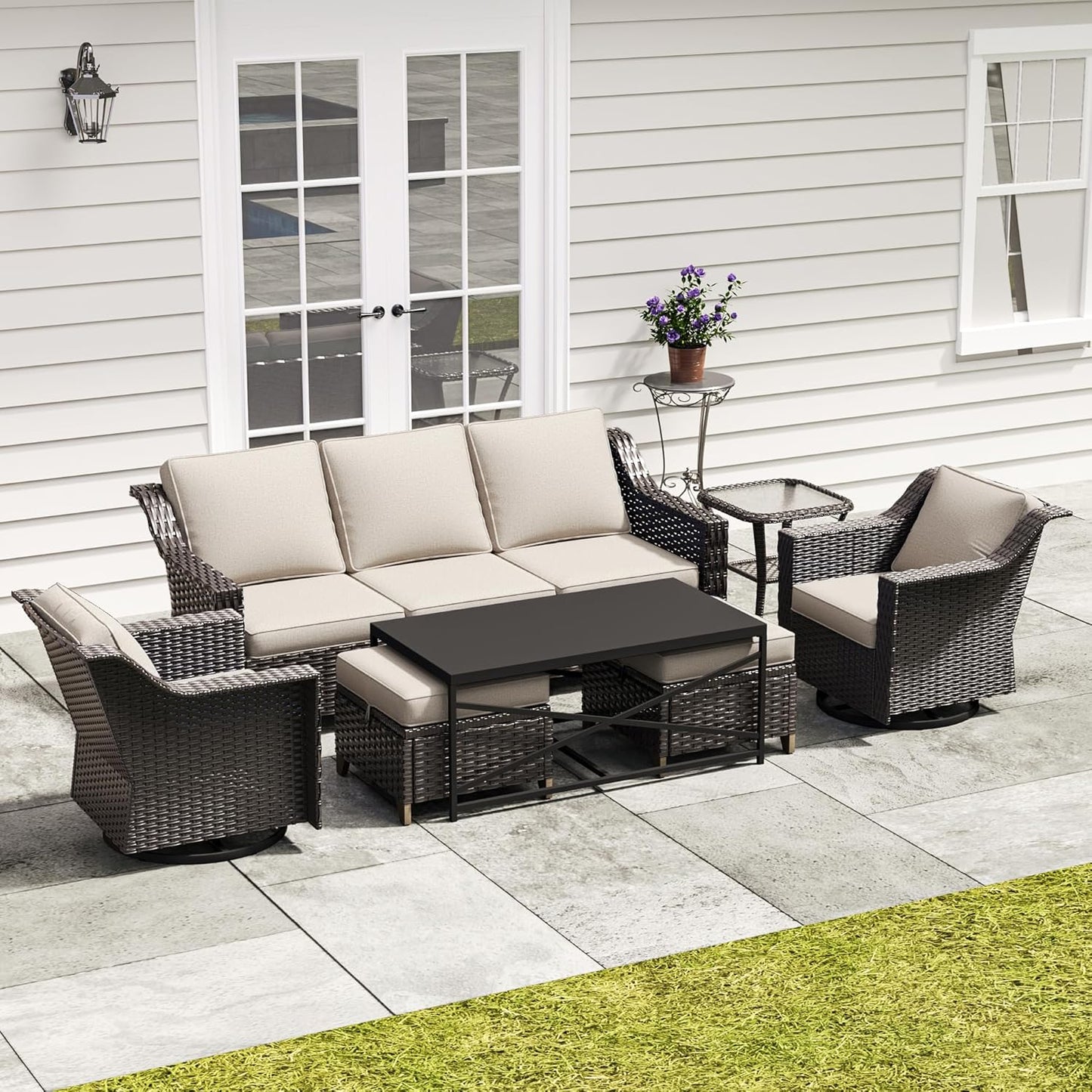 77'' Patio Sofa, All Weather Outdoor Rattan Wicker 3-Seat Sofa High Back Couch with Premium Cushions for Garden Backyard Porch(Brown/Navy)