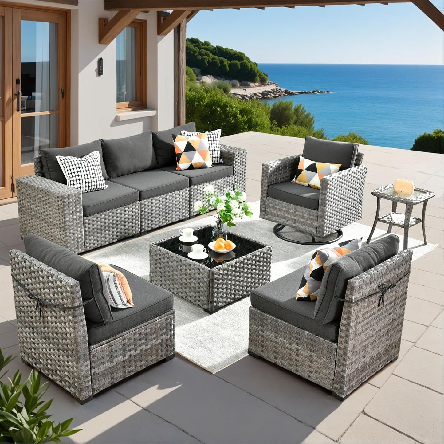 ovios 16 Pieces Patio Furniture Set, Outdoor Wicker Sectional Sofa with 54" Fire Pit Table Swivel Chairs, Modern Modular Deep Seat Rattan Couch Conversation Sets, Beige