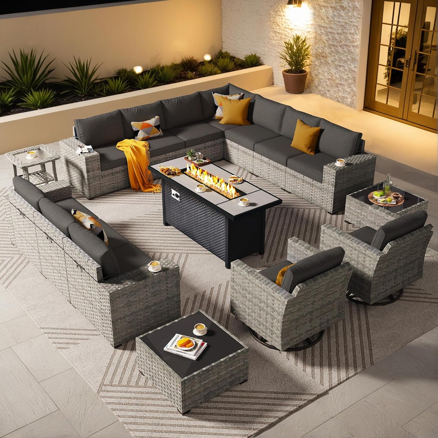 ovios 16 Pieces Patio Furniture Set, Outdoor Wicker Sectional Sofa with 54" Fire Pit Table Swivel Chairs, Modern Modular Deep Seat Rattan Couch Conversation Sets, Beige
