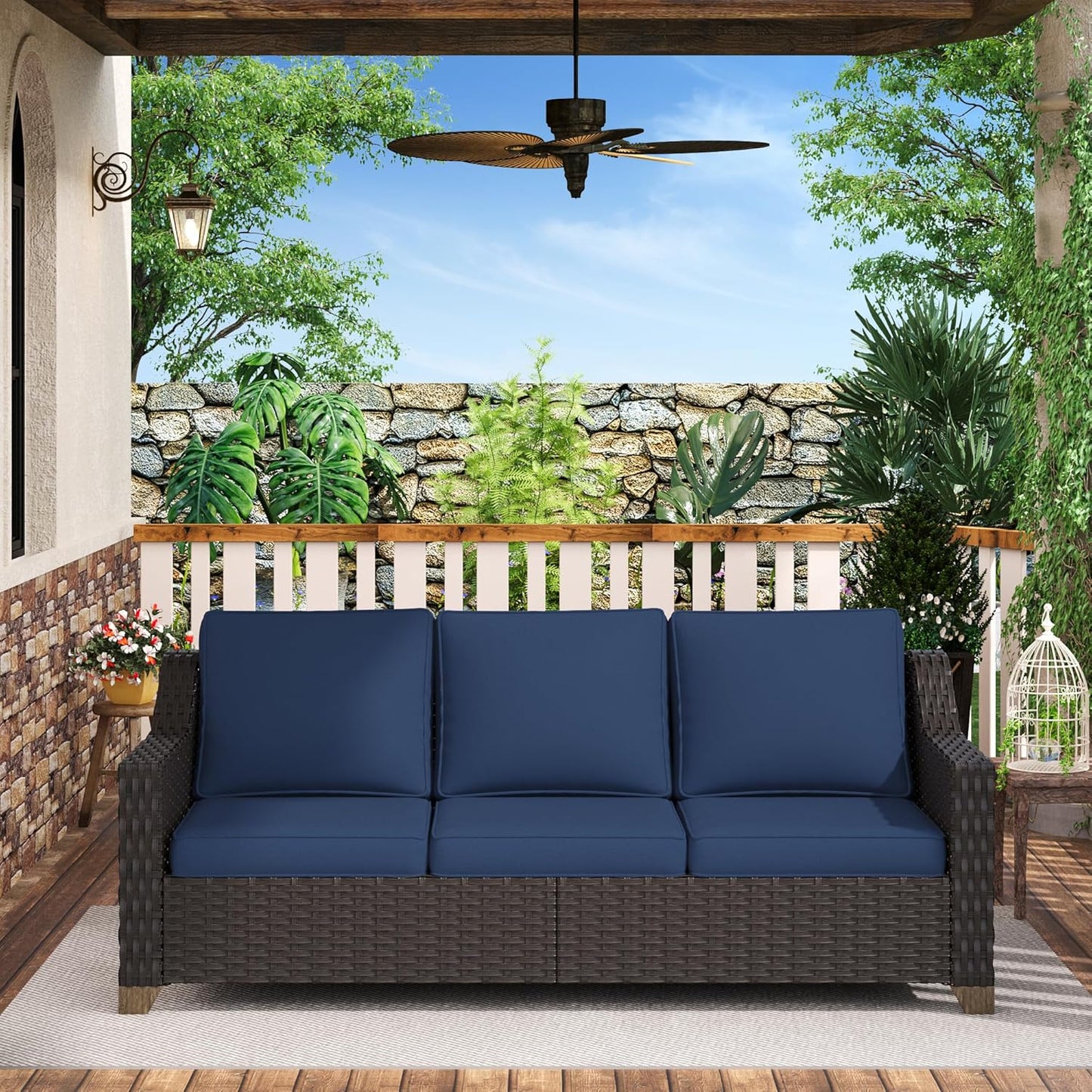 77'' Patio Sofa, All Weather Outdoor Rattan Wicker 3-Seat Sofa High Back Couch with Premium Cushions for Garden Backyard Porch(Brown/Navy)