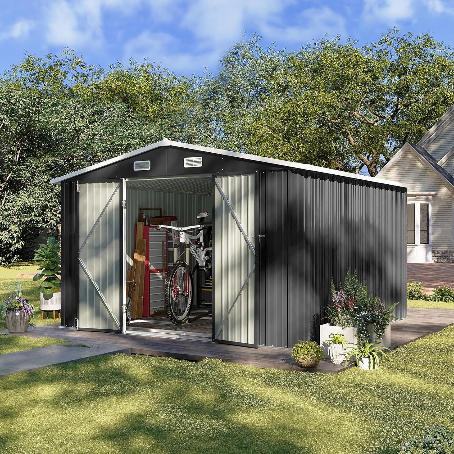 Aoxun 10 x 12FT Outdoor Storage Shed with Double Hinged Large Door Utility Garden Shed with Lockable Door & Sloped Roof Metal Sheds Outdoor Storage for Garden, Backyard, Patio and Backyard, Brown