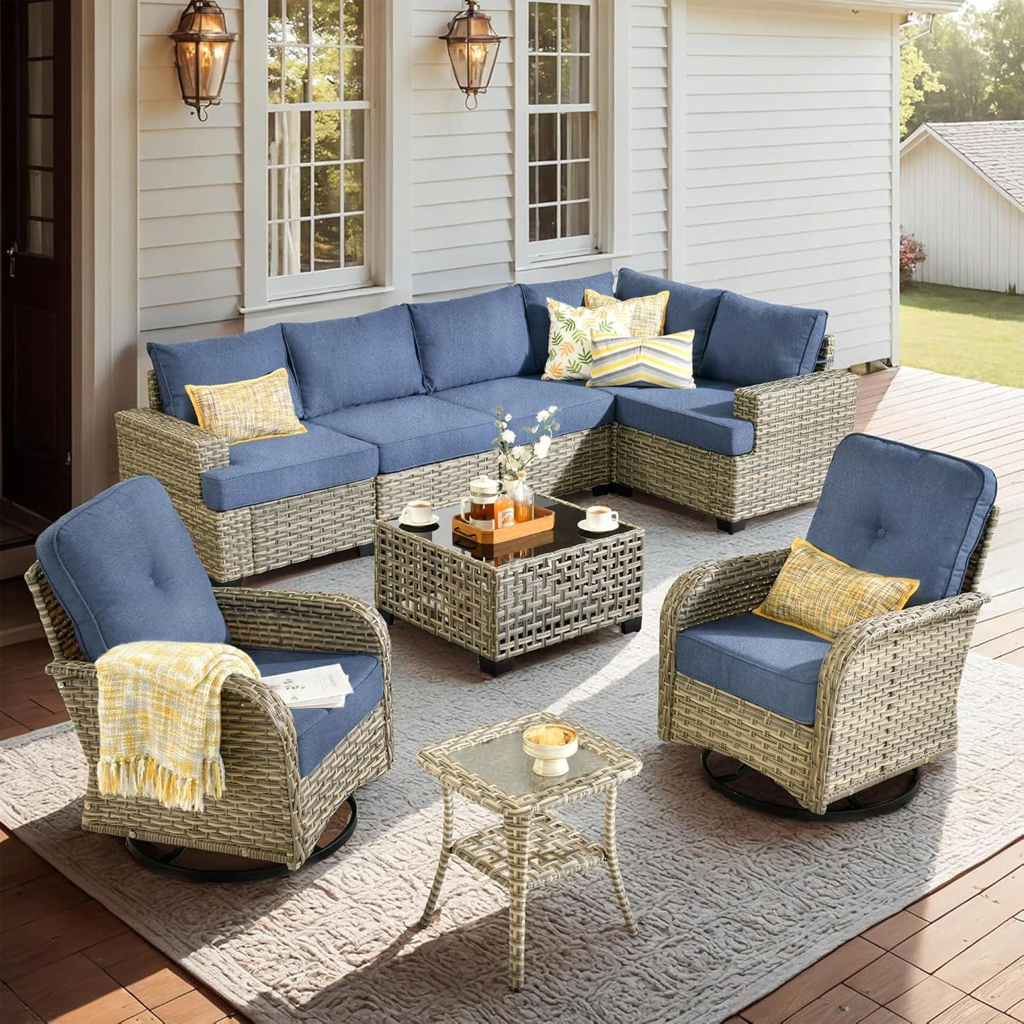 15-Piece Outdoor Sectional Sofa Set w/ 54" Fire Pit – L-Shaped Wicker Patio Furniture, Deep Seating & Swivel Rockers, Black
