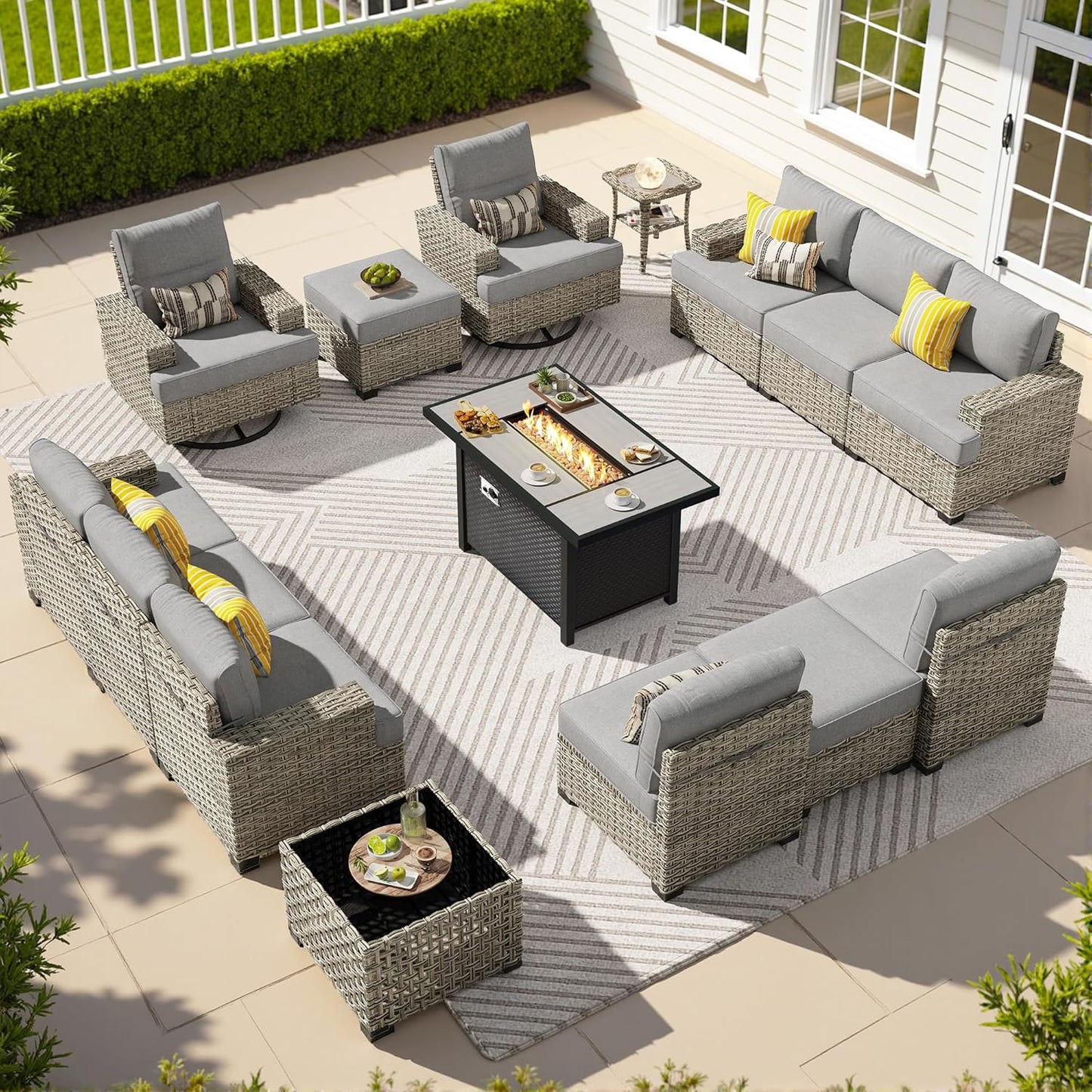 15-Piece Outdoor Sectional Sofa Set w/ 43" Fire Pit – L-Shaped Wicker Patio Furniture, Deep Seating & Swivel Rockers, Black