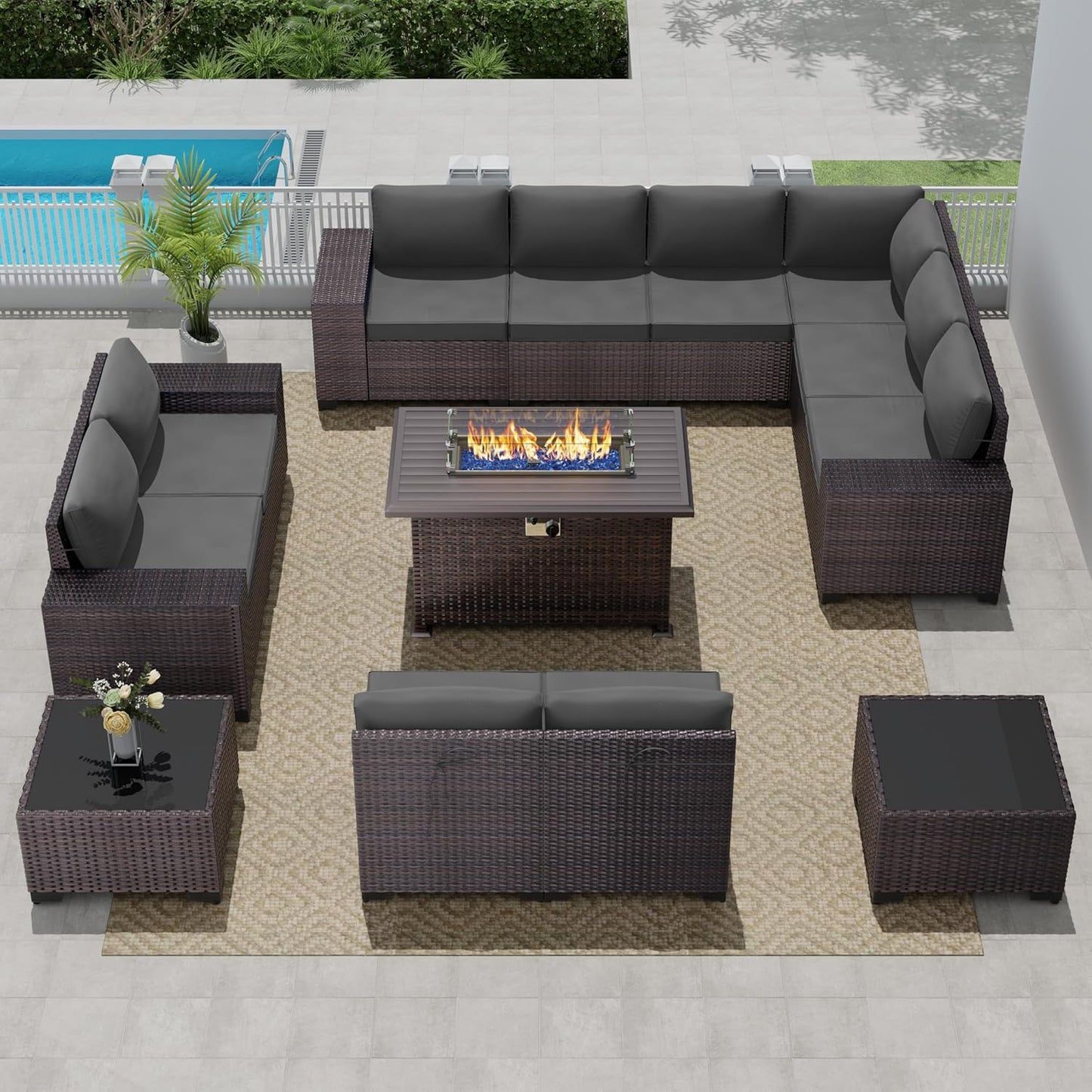 12 Pcs Outdoor Patio Furniture Set Outdoor Furniture All Weather Patio Sectional Sofa PE Wicker Modular Conversation Sets with Coffee Table, Swivel Rocking Chair (Grey)
