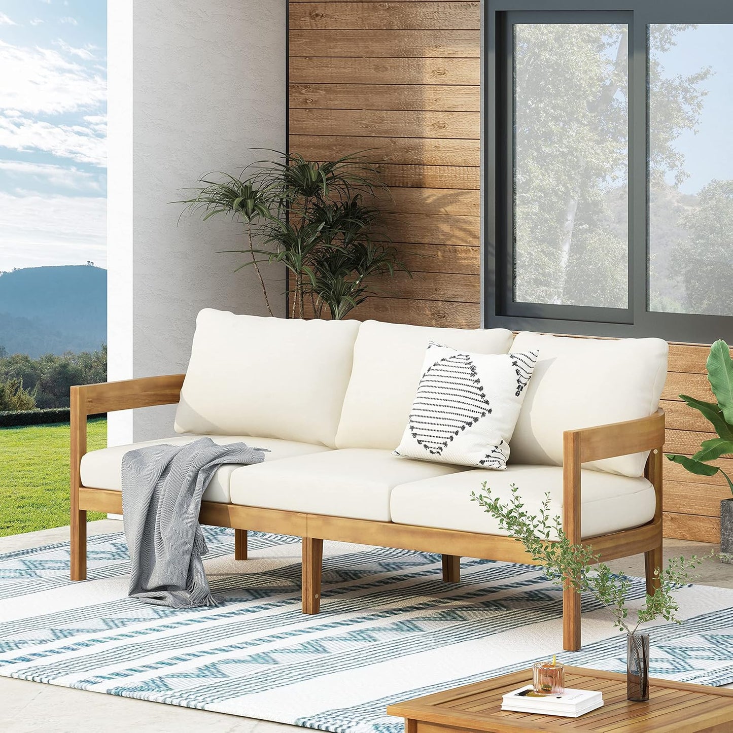 Christopher Knight Home Brooklyn Outdoor 3 Seater Sofa with Cushions - Acacia Wood - Teak/Beige