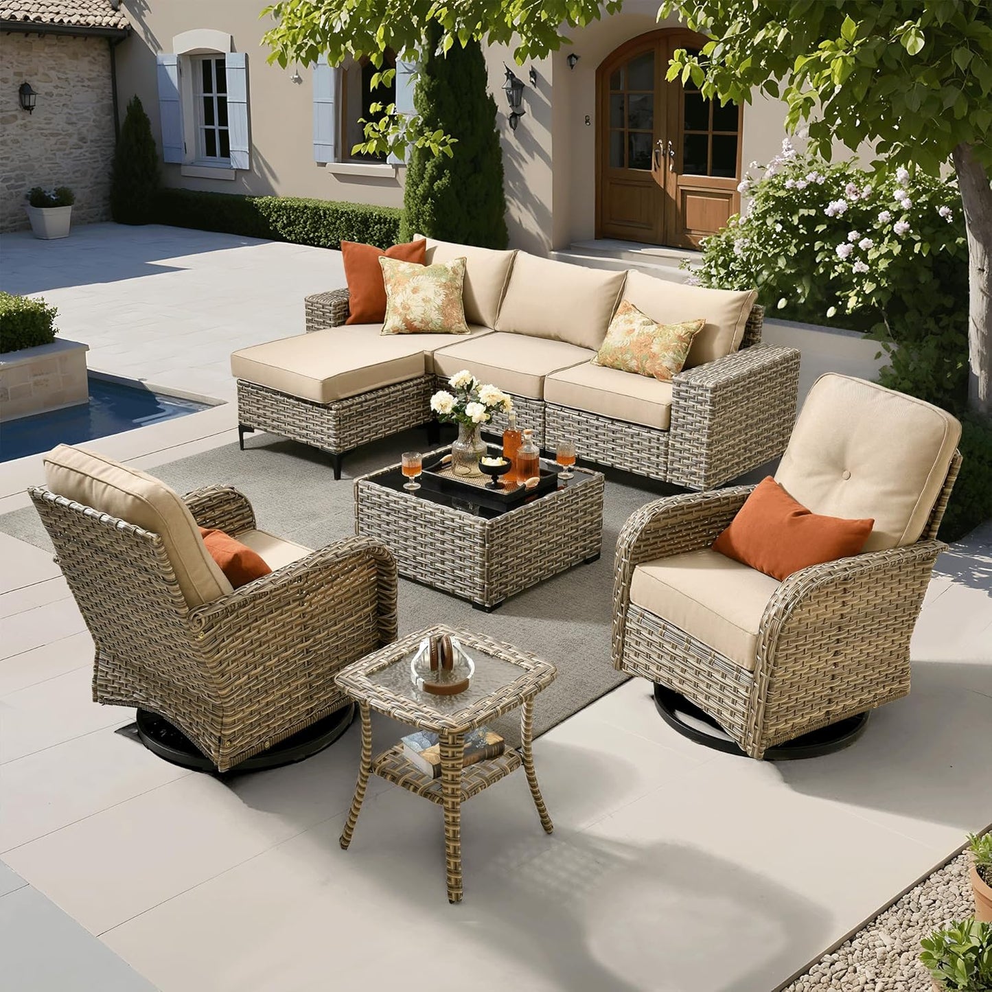 ovios 9 Pieces Patio Furniture Set Outdoor Sectional Sofa Couch with Fire Pit Table Rocking Swivel Chairs Deep Seat Chaise, Modern Modular Wicker Rattan Conversation Set, Black