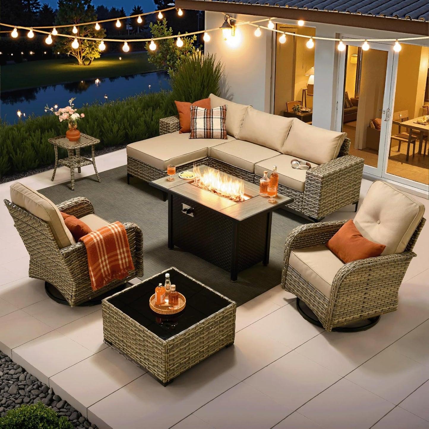 ovios 9 Pieces Patio Furniture Set Outdoor Sectional Sofa Couch with Fire Pit Table Rocking Swivel Chairs Deep Seat Chaise, Modern Modular Wicker Rattan Conversation Set, Black