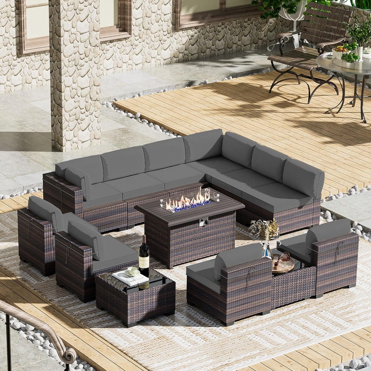 12 Pcs Outdoor Patio Furniture Set Outdoor Furniture All Weather Patio Sectional Sofa PE Wicker Modular Conversation Sets with Coffee Table, Swivel Rocking Chair (Grey)