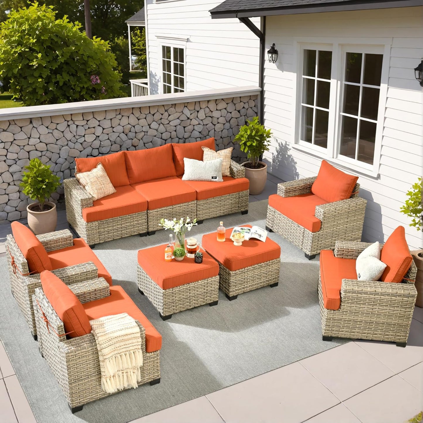 15-Piece Outdoor Sectional Sofa Set w/ 43" Fire Pit – L-Shaped Wicker Patio Furniture, Deep Seating & Swivel Rockers, Black