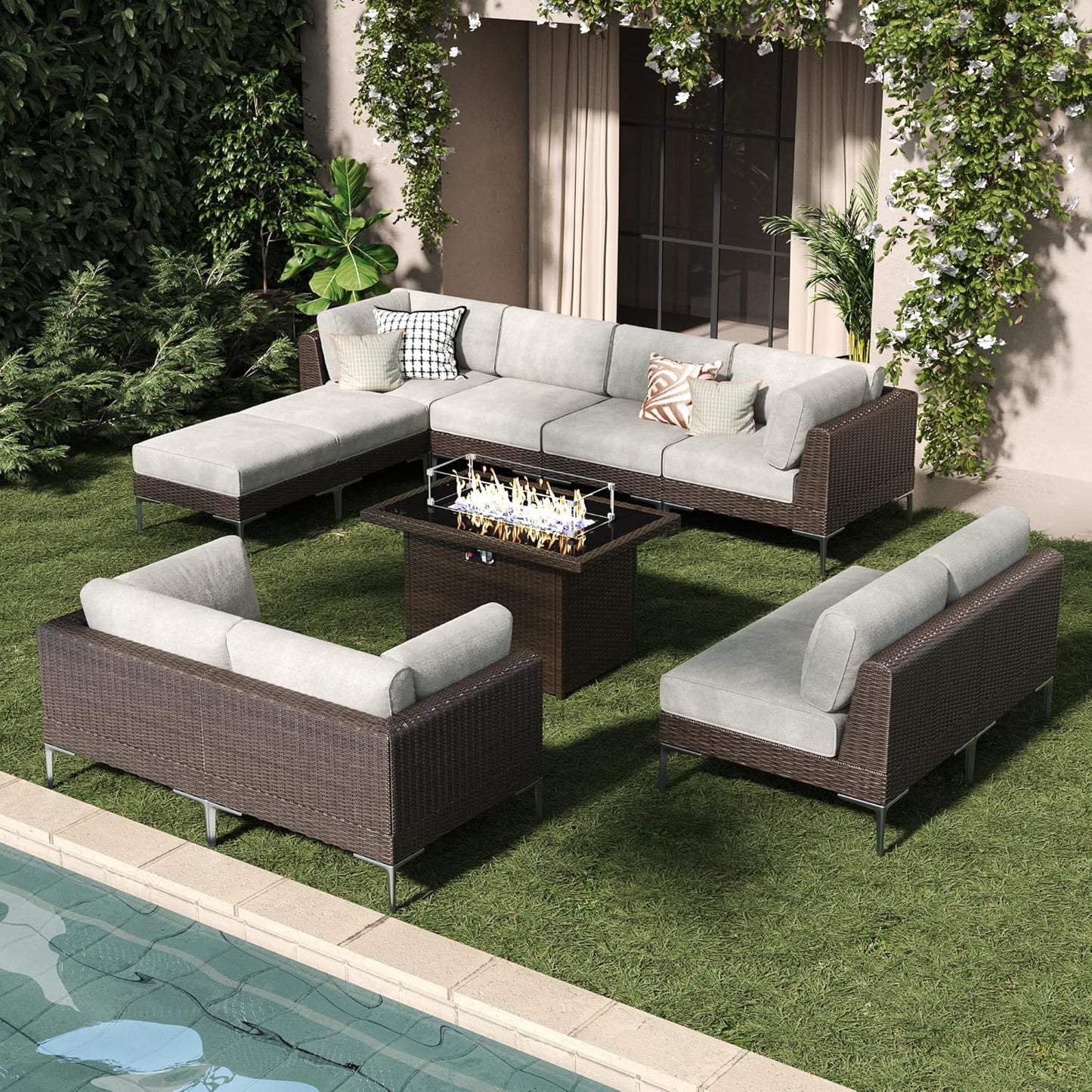 LayinSun 10-Piece Outdoor Modular Wicker Sectional Sofa with Fire Pit Table, Patio Furniture Conversation Set with Deep Seating and Thick Cushions