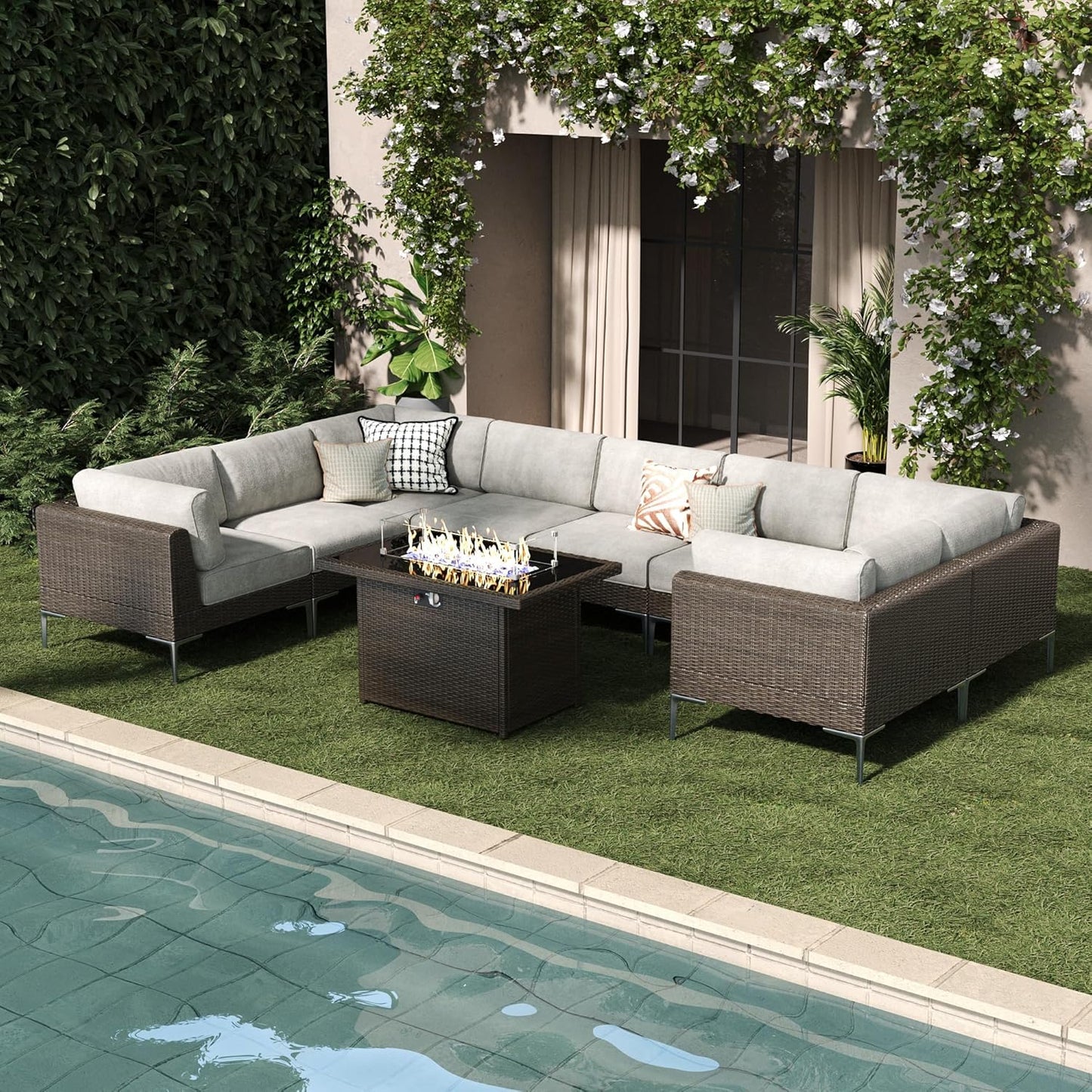 LayinSun 10-Piece Outdoor Modular Wicker Sectional Sofa with Fire Pit Table, Patio Furniture Conversation Set with Deep Seating and Thick Cushions