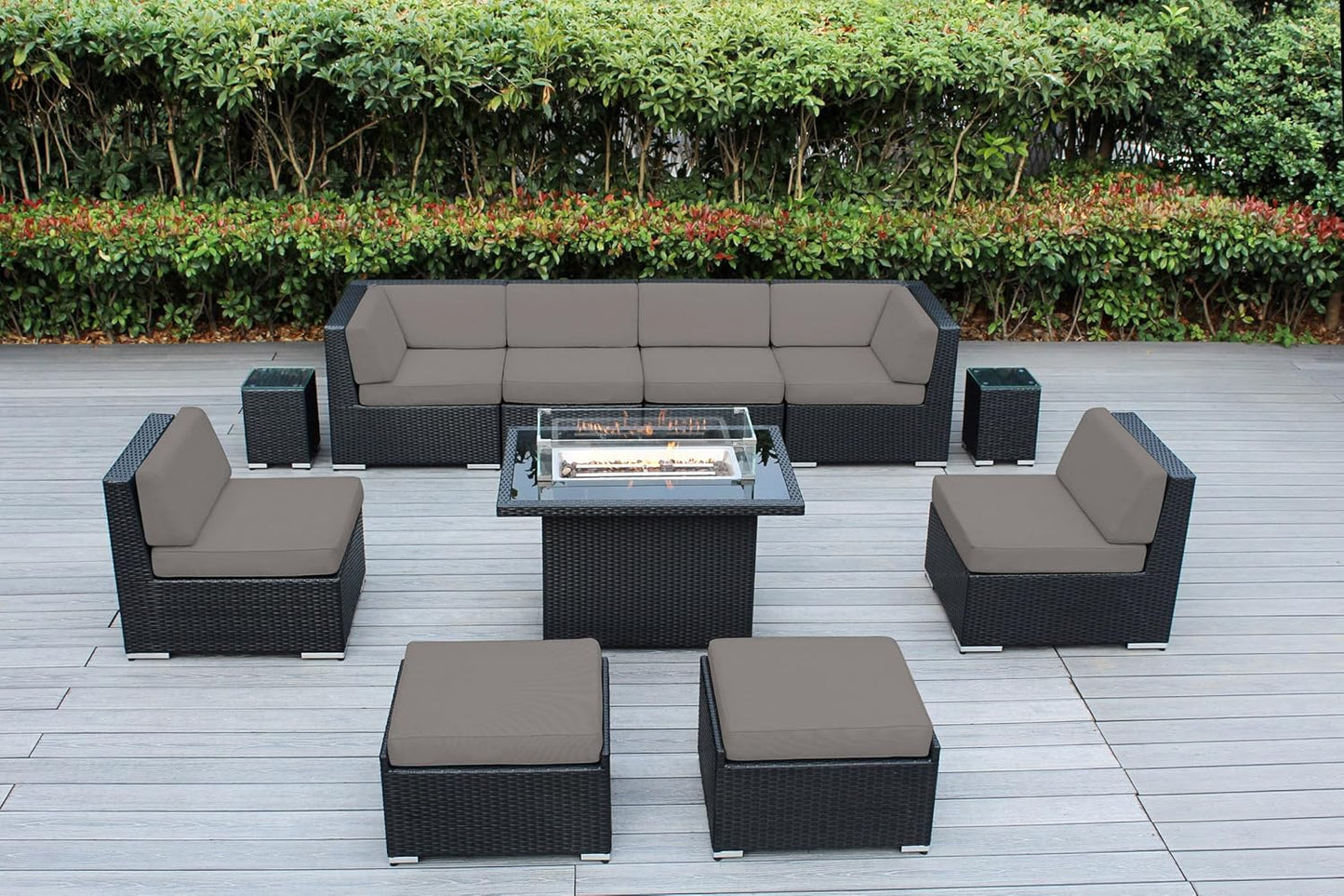 7 Piece Outdoor Patio Furniture Black Wicker Conversation Set with Fully Assembled Sectional and 42-inch Propane Gas Fire Table