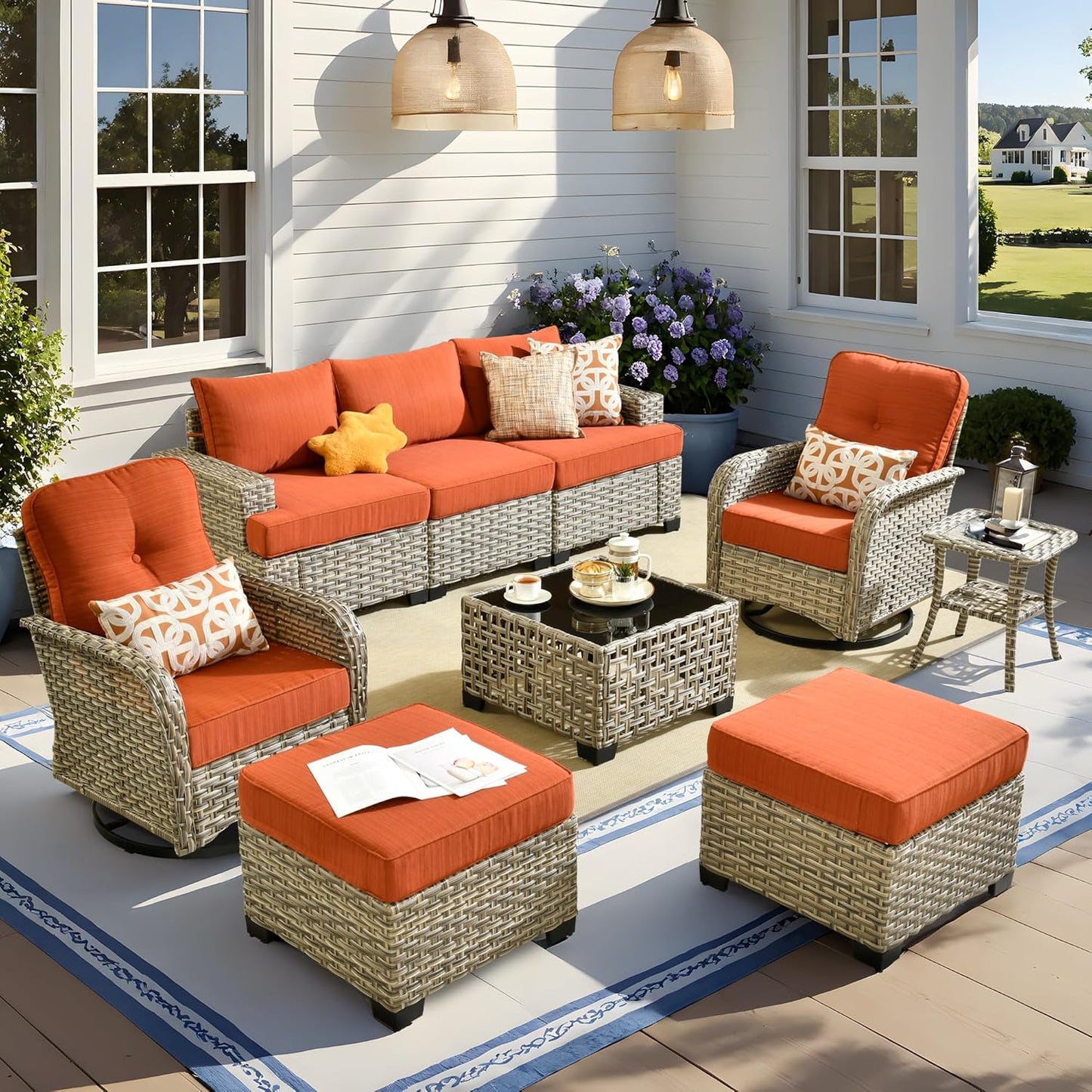 15-Piece Outdoor Sectional Sofa Set w/ 54" Fire Pit – L-Shaped Wicker Patio Furniture, Deep Seating & Swivel Rockers, Black