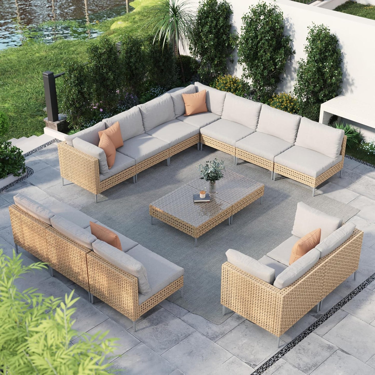 Grand patio 7-Piece Wicker Patio Furniture Set, Boho Outdoor Conversation Set Sectional Sofa with Water Resistant Thick Cushions and Coffee Table, Cream