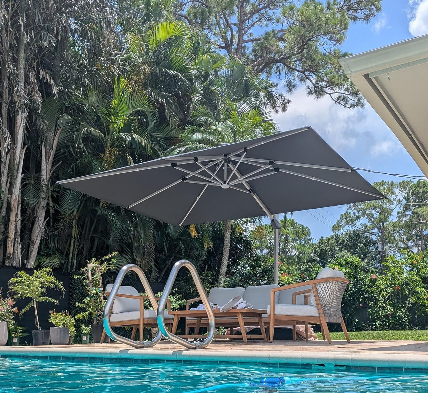 PURPLE LEAF 9' X 12' Solar Powered LED Patio Umbrella Cantilever Umbrellas Offset Double Top Hanging Outdoor Umbrella Market Umbrellas for Garden, Heather Taupe