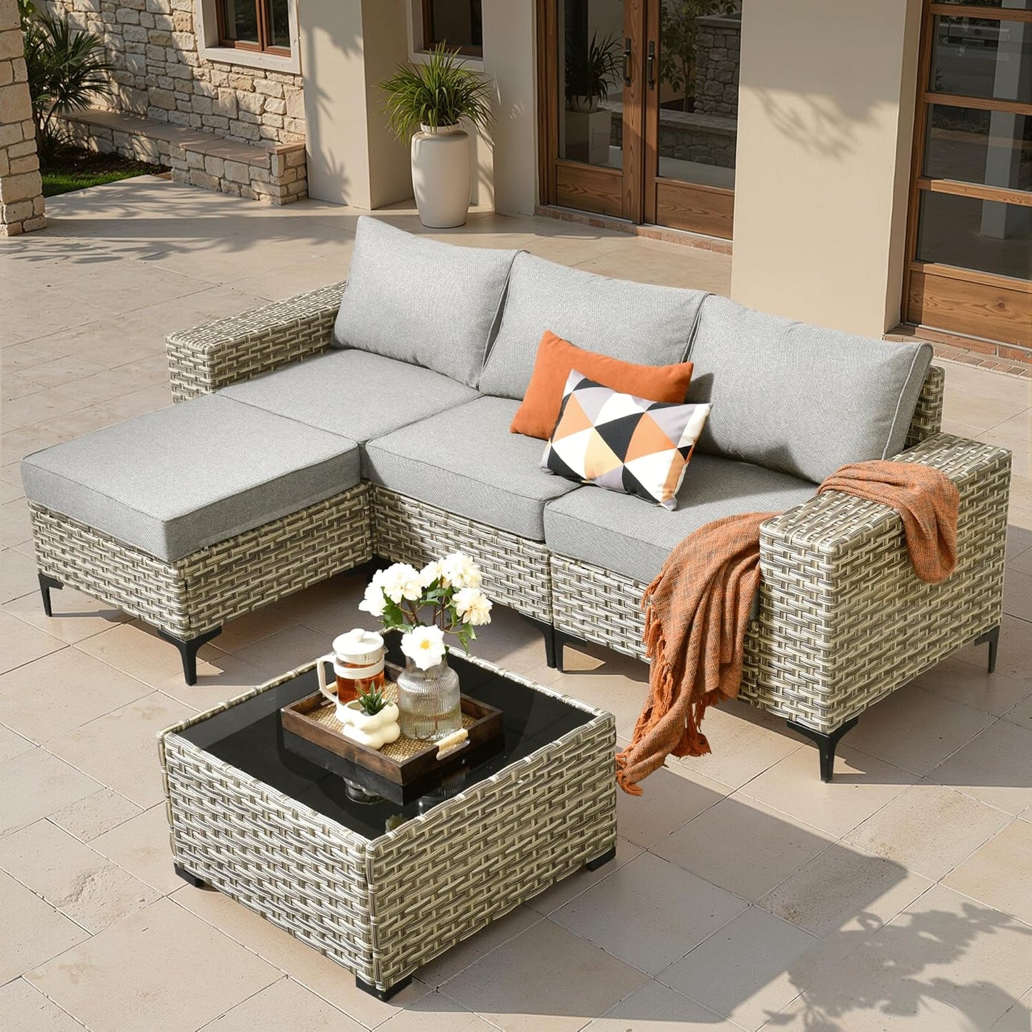 ovios 9 Pieces Patio Furniture Set Outdoor Sectional Sofa Couch with Fire Pit Table Rocking Swivel Chairs Deep Seat Chaise, Modern Modular Wicker Rattan Conversation Set, Black