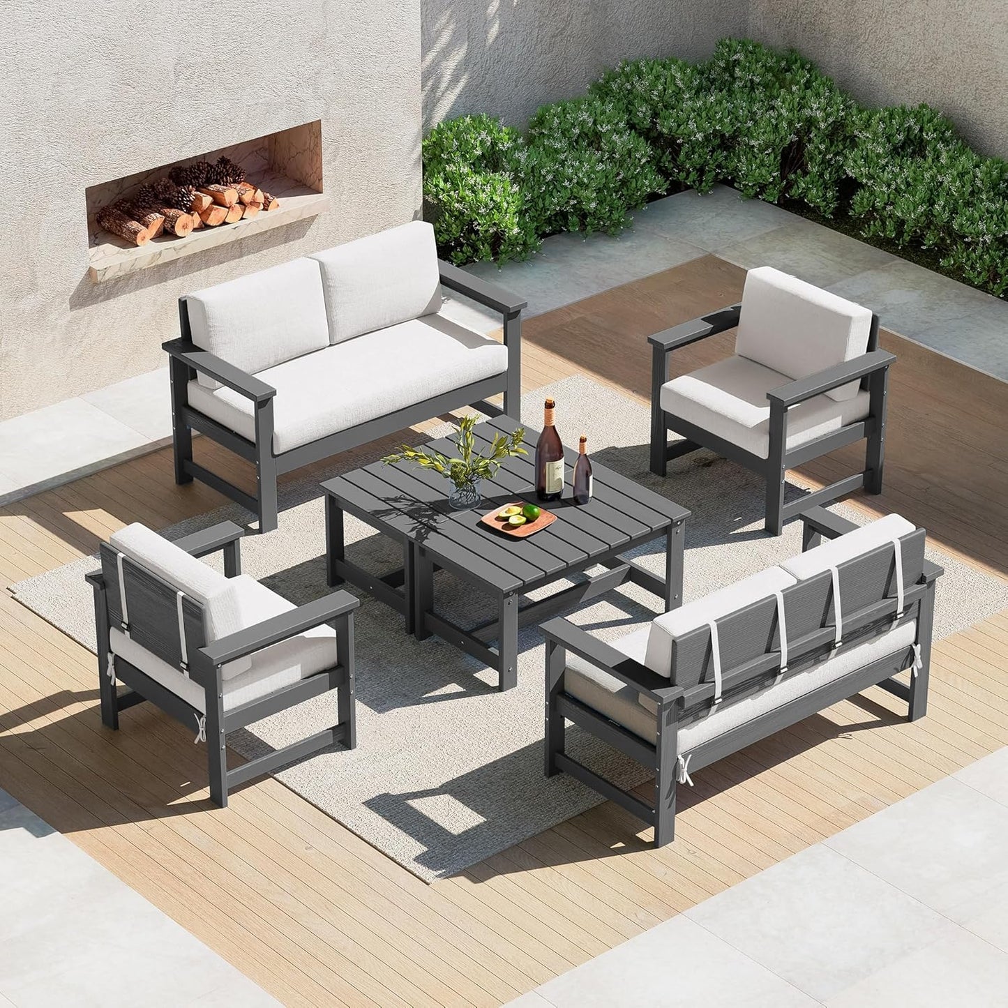 SERWALL 8 Pieces HDPE Outdoor Conversation Sofa Set with Cushions, All Weather Use Patio Couch Loveseat Furniture with Side Table for Balcony, Deck, Poolside, Black Frame with Khaki Cushions