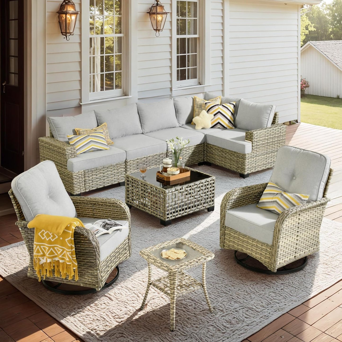 15-Piece Outdoor Sectional Sofa Set w/ 54" Fire Pit – L-Shaped Wicker Patio Furniture, Deep Seating & Swivel Rockers, Black