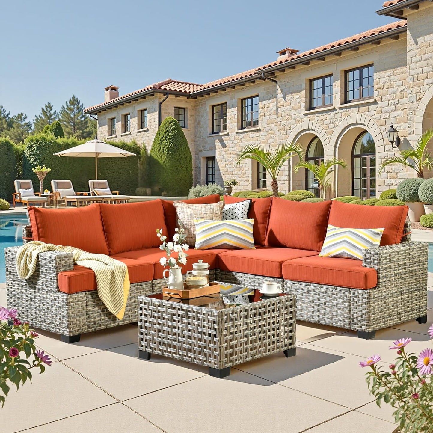 15-Piece Outdoor Sectional Sofa Set w/ 43" Fire Pit – L-Shaped Wicker Patio Furniture, Deep Seating & Swivel Rockers, Black