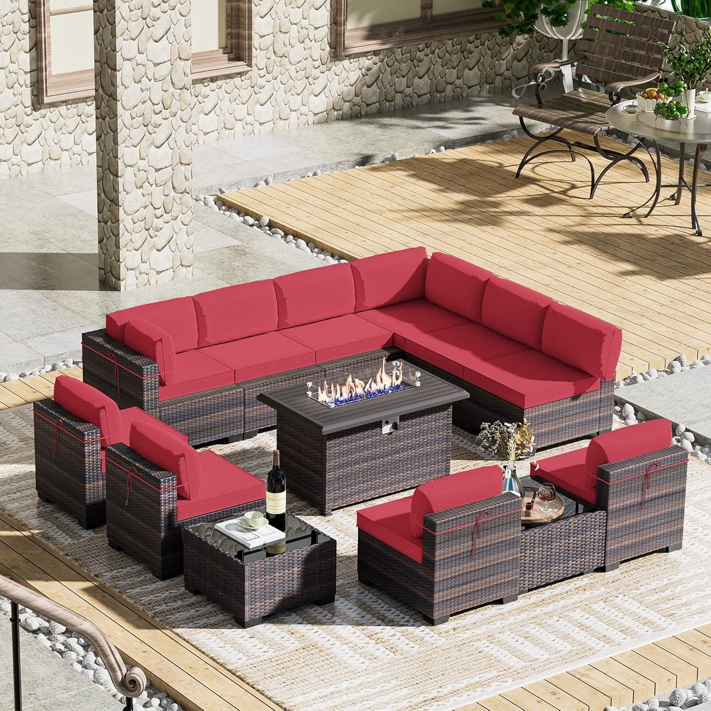 12 Pcs Outdoor Patio Furniture Set Outdoor Furniture All Weather Patio Sectional Sofa PE Wicker Modular Conversation Sets with Coffee Table, Swivel Rocking Chair (Grey)