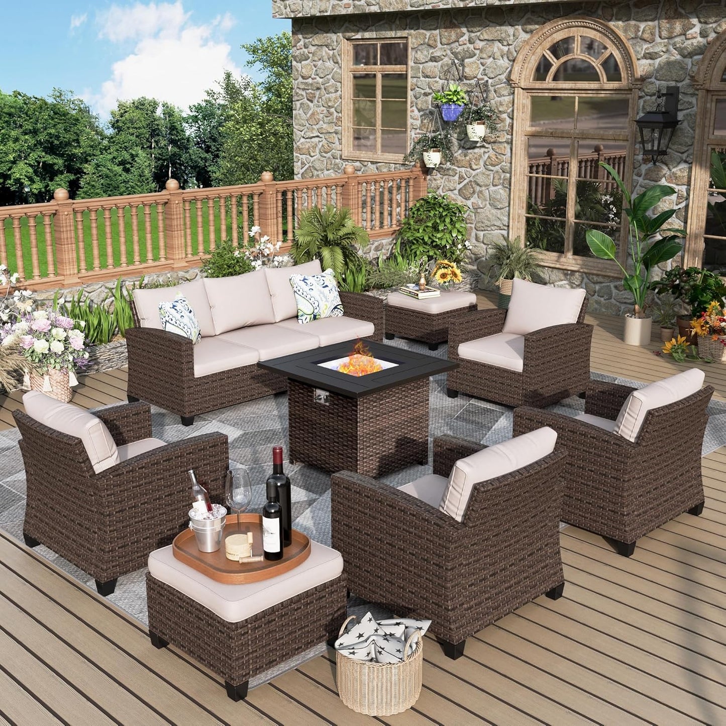 Swivel Glider Patio Furniture Set, 8 Pcs Wicker Rattan Outdoor Conversation Set, 2 x Swivel Chairs, 2 x Leg Chairs, 1 x 3 Seater Sofa and 2 x Ottomans and 56" Fire Pit Table, Blue