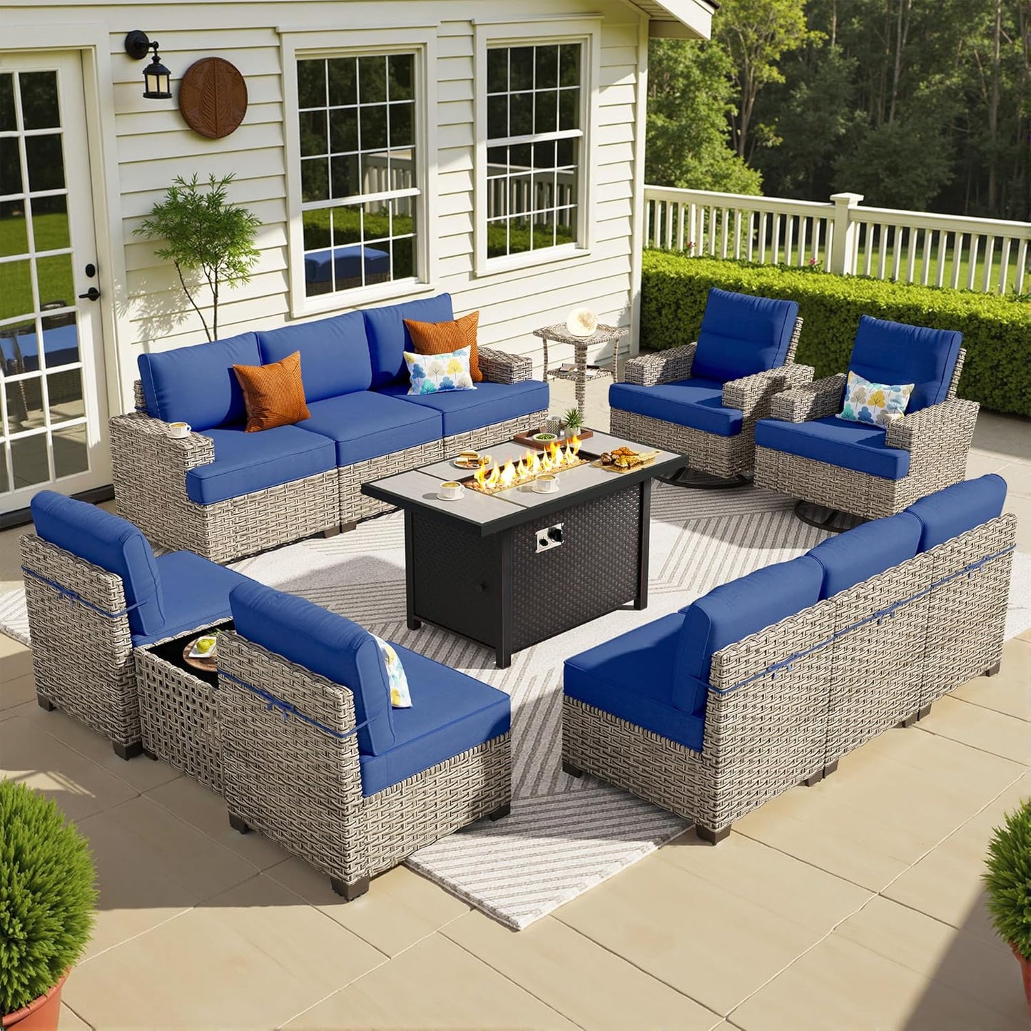 15-Piece Outdoor Sectional Sofa Set w/ 43" Fire Pit – L-Shaped Wicker Patio Furniture, Deep Seating & Swivel Rockers, Black