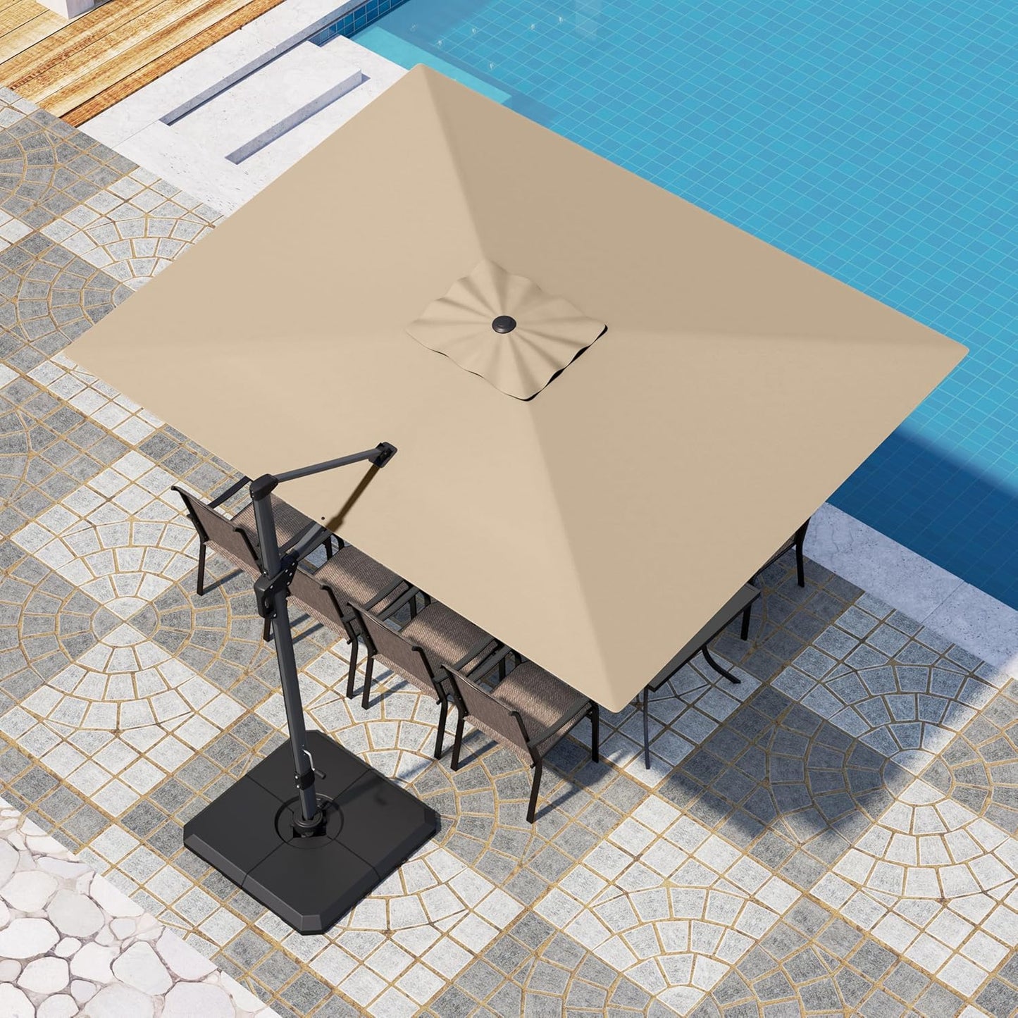 PHI VILLA 10ft Patio Cantilever Umbrella With Base, 360° Rotation & Infinite Tilt Aluminum Square Double Top Outdoor Offset Umbrella, Heavy Duty for Garden Poolside Backyard, Beige