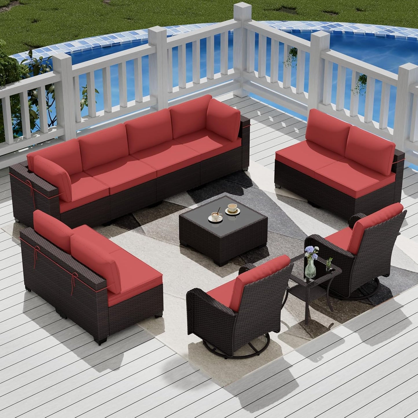 12 Pcs Outdoor Patio Furniture Set Outdoor Furniture All Weather Patio Sectional Sofa PE Wicker Modular Conversation Sets with Coffee Table, Swivel Rocking Chair (Grey)