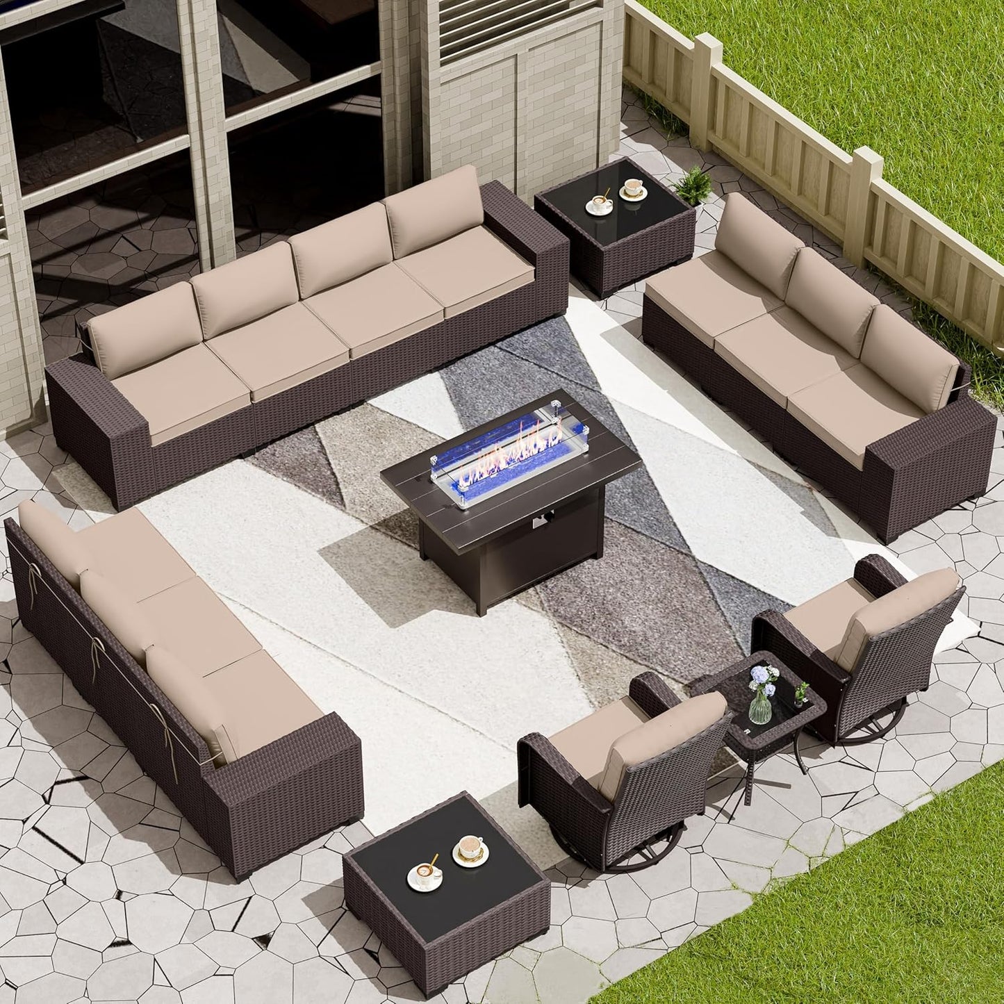 12 Pcs Outdoor Patio Furniture Set Outdoor Furniture All Weather Patio Sectional Sofa PE Wicker Modular Conversation Sets with Coffee Table, Swivel Rocking Chair (Grey)