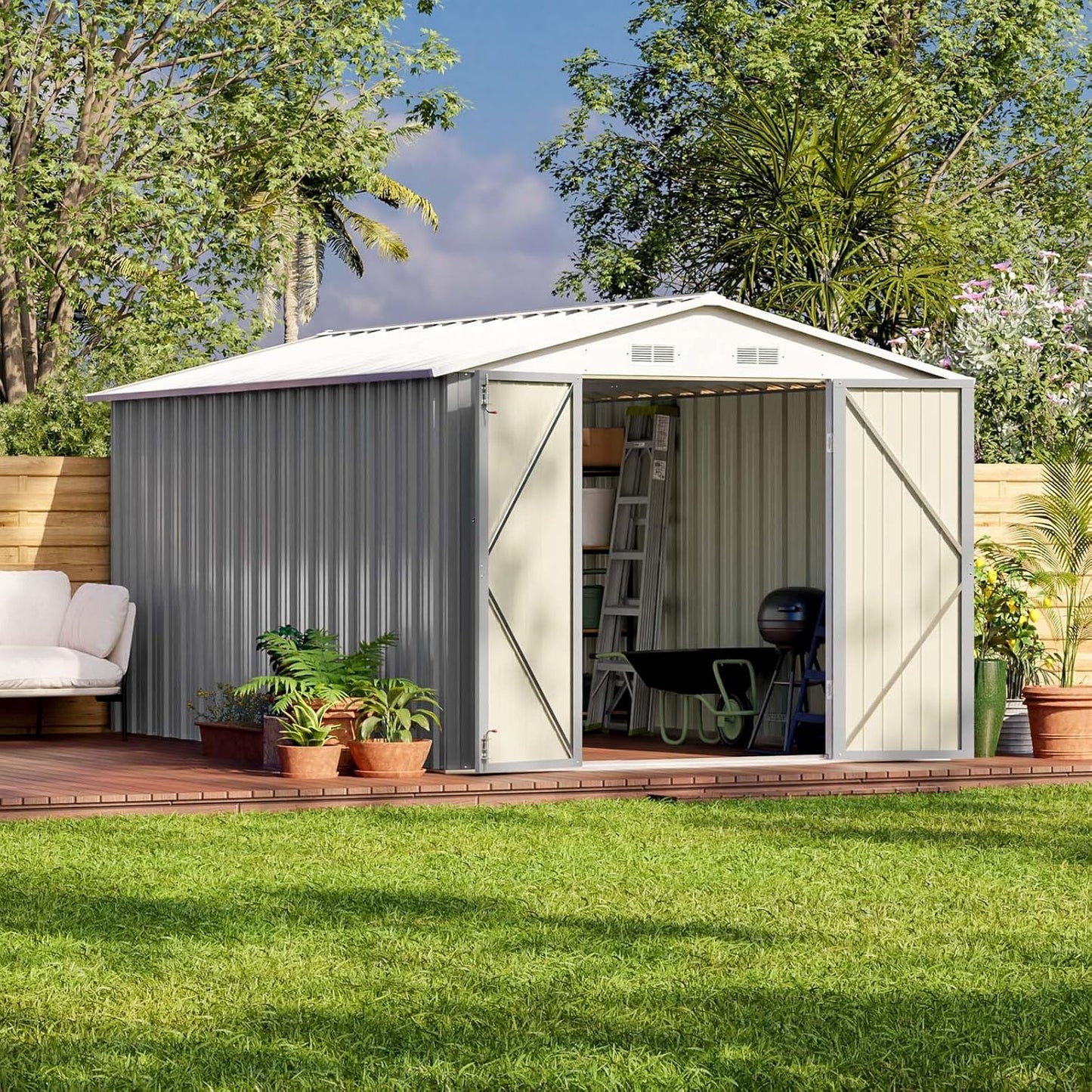 Patiowell 5x3 FT Outdoor Storage Shed, Tool Shed with Sloping Roof and Lockable Door, Metal Shed for Backyard Garden Patio Lawn, Brown