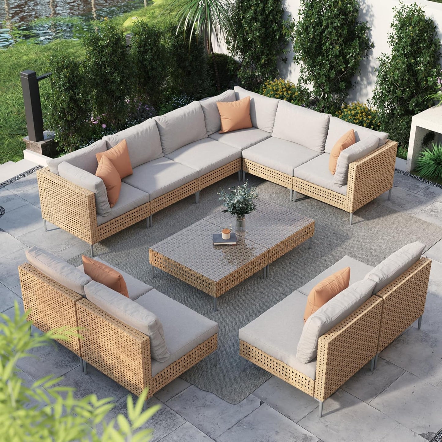 Grand patio 7-Piece Wicker Patio Furniture Set, Boho Outdoor Conversation Set Sectional Sofa with Water Resistant Thick Cushions and Coffee Table, Cream